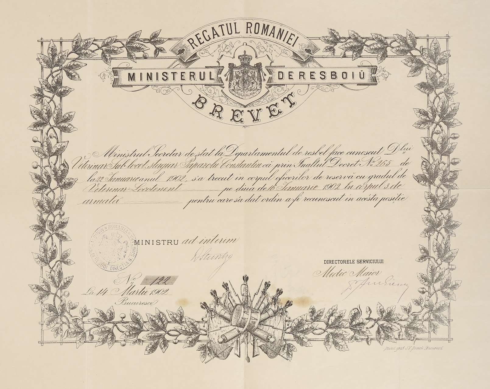 Brevet de avansare la gradul de veterinar locotenent, semnat olograf de ministrul Dimitrie A. Sturdza, 1902