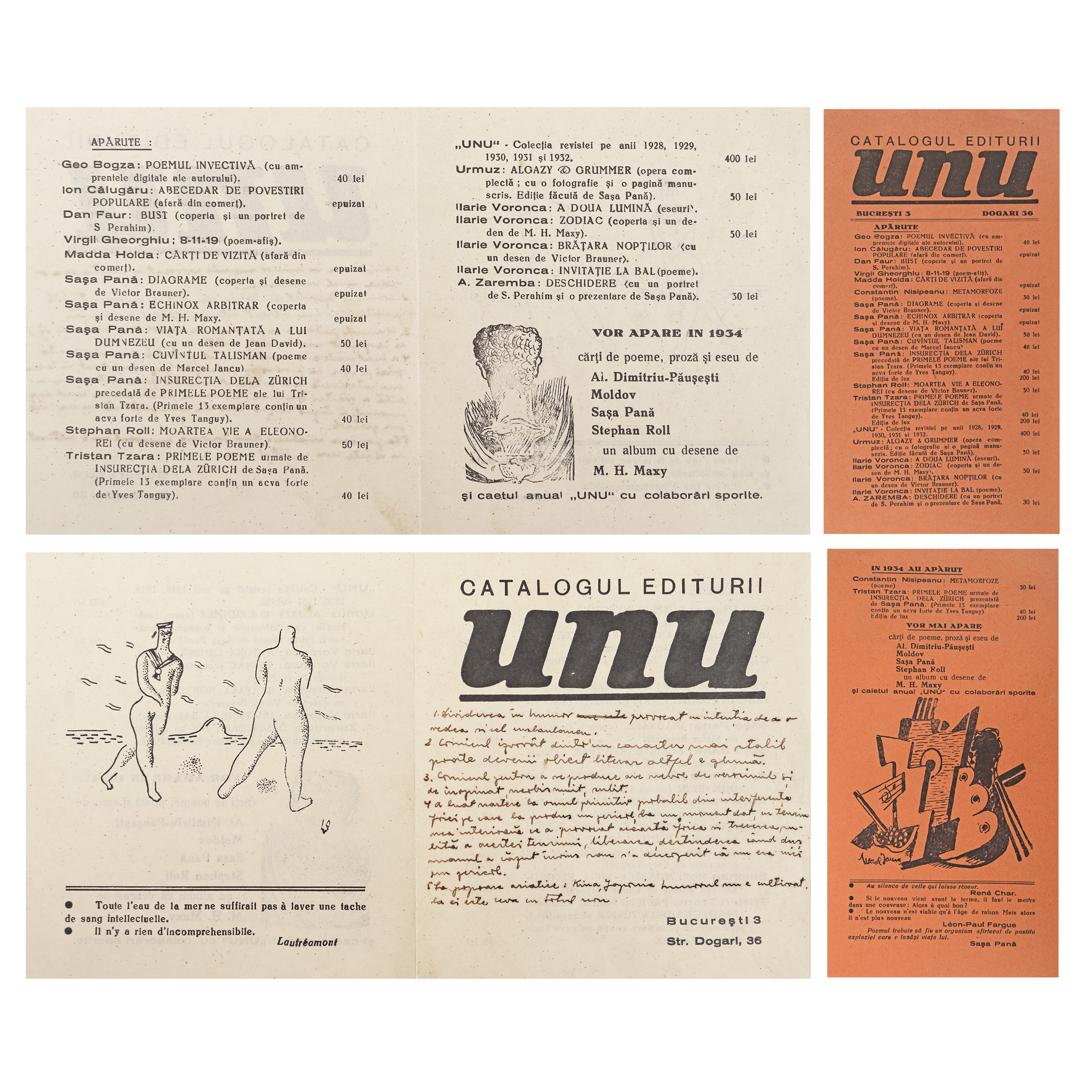 Lot format din două pliante ”Catalogul Editurii Unu”, cu desene de Victor Brauner și Marcel Iancu, anii '30