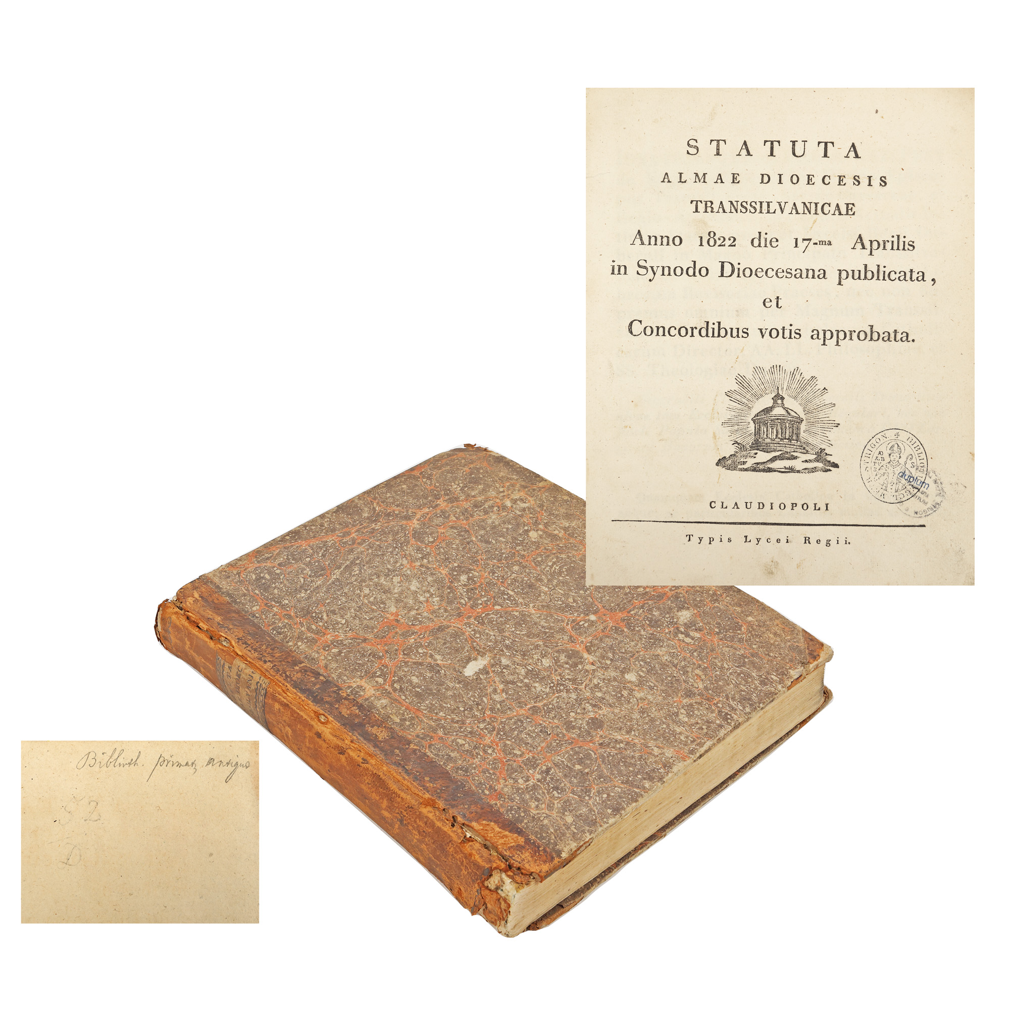 ”Statute ale Episcopiei Alma a Transilvaniei”, adoptate în sinodul eparhial la 17 aprilie 1822, Claudiopolis (Cluj), 1822, cu ex-libris