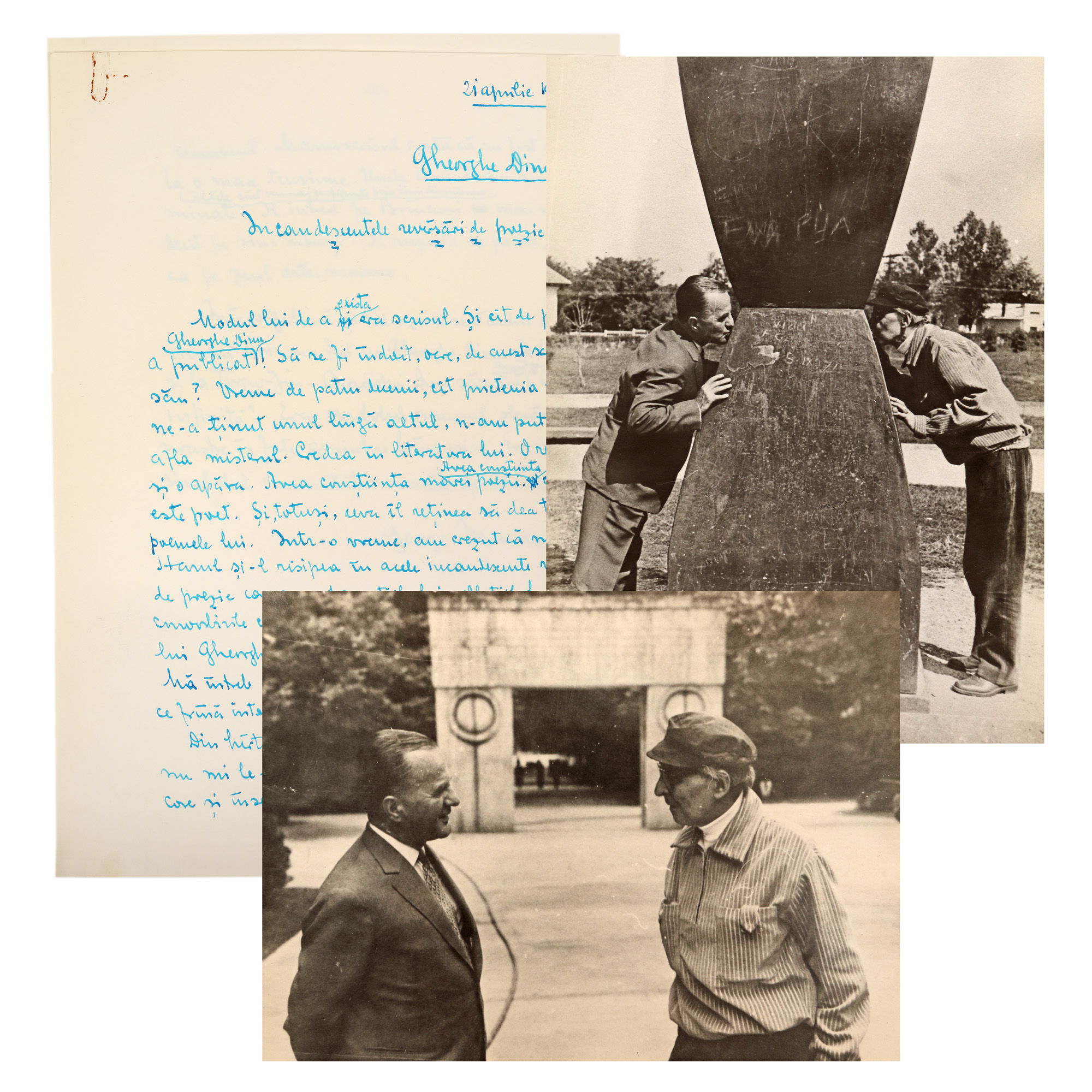 Lot format din manuscris și dactilogramă ”Incandescentele revărsări de poezie”, de George Macovescu, 21 aprilie 1980 (4 file), și două fotografii ilustrându-i pe Gheorghe Dinu (Ștefan Roll) și George Macovescu la Poarta Sărutului și la Coloana Infinitului, 1971, piesele provin din colecția fostului ministru de externe George Macovescu