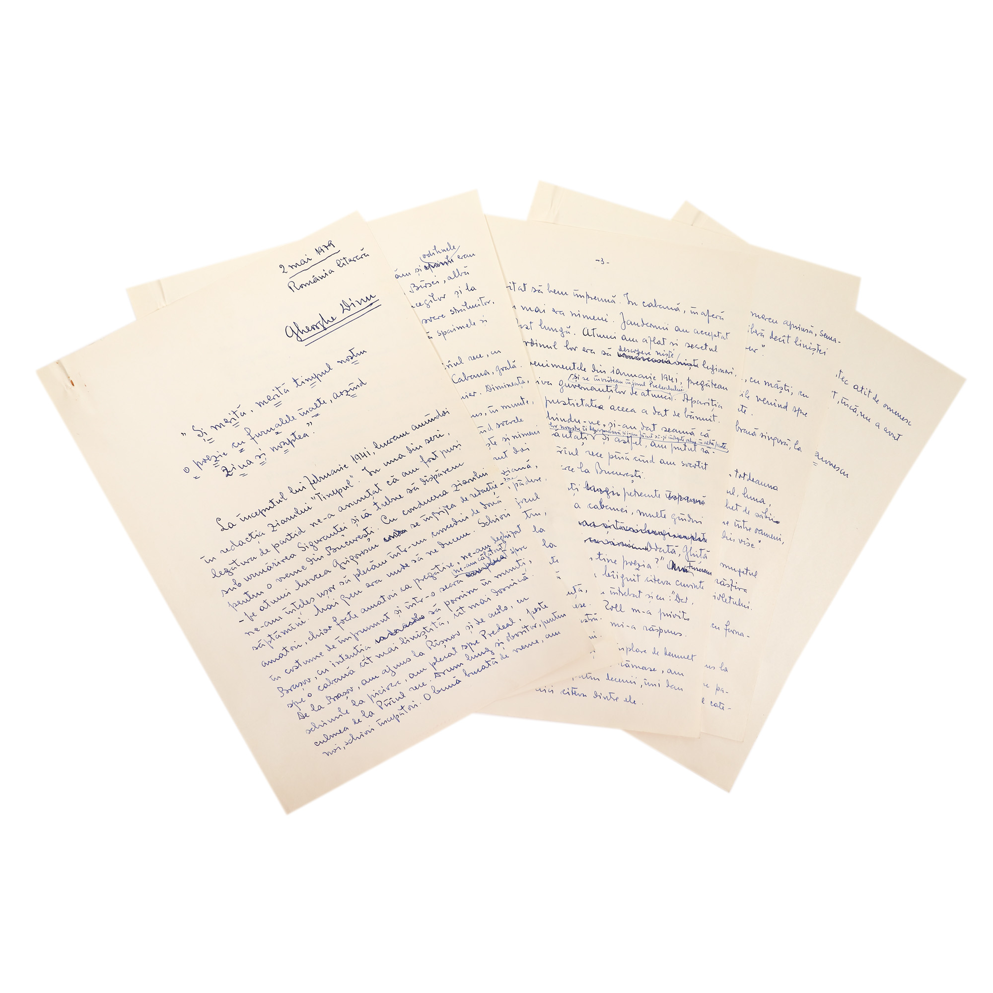 Manuscris ”Și merită, merită timpul nostră o poezie cu furnalele înalte, arzând ziua și noaptea”, de George Macovescu, despre Gheorghe Dinu (Ștefan Roll), 2 mai 1979 (5 file), provine din colecția fostului ministru de externe George Macovescu