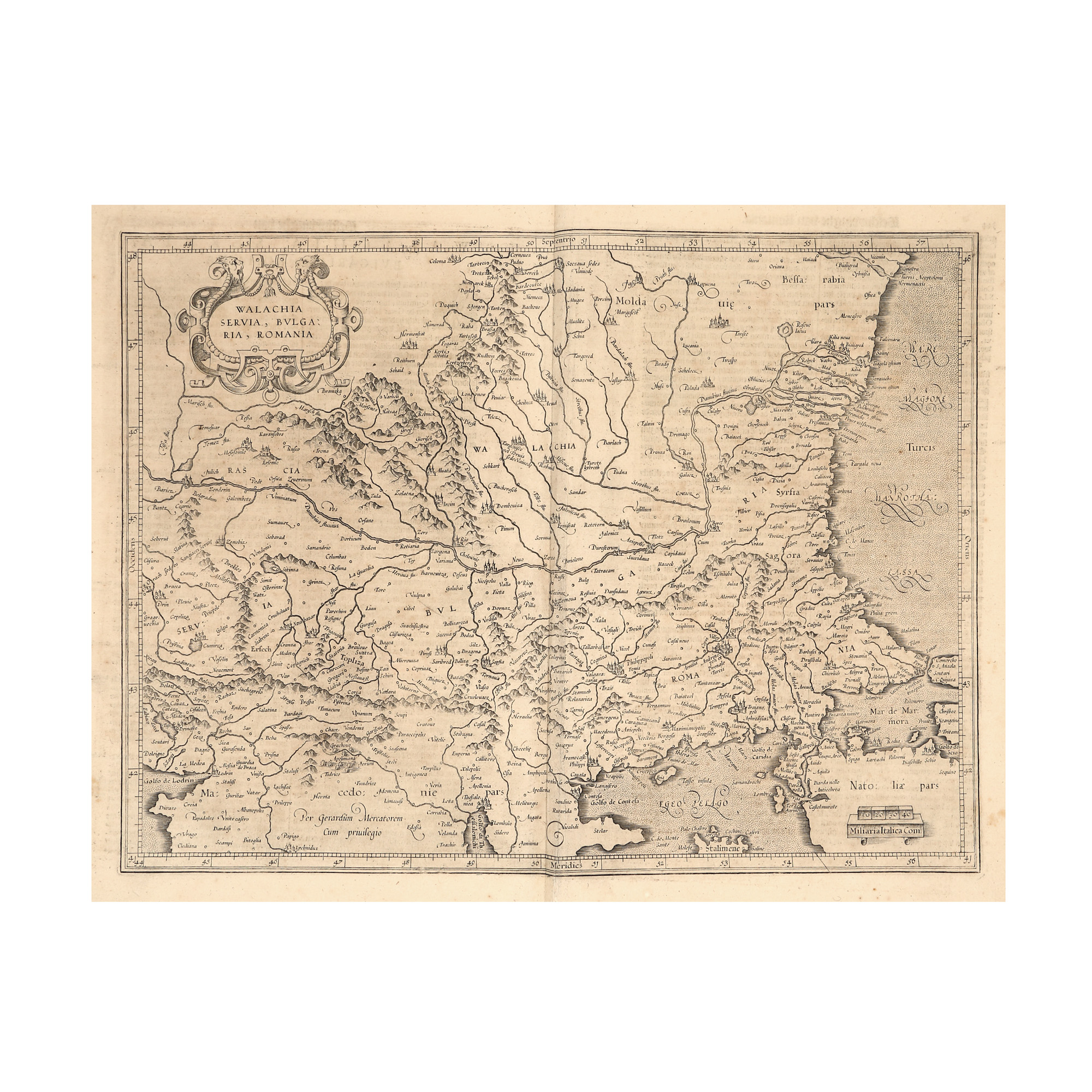 Hartă ”Valahia, Serbia, Bulgaria, Romania”, de Gerard Mercator, Amsterdam, cca. 1619