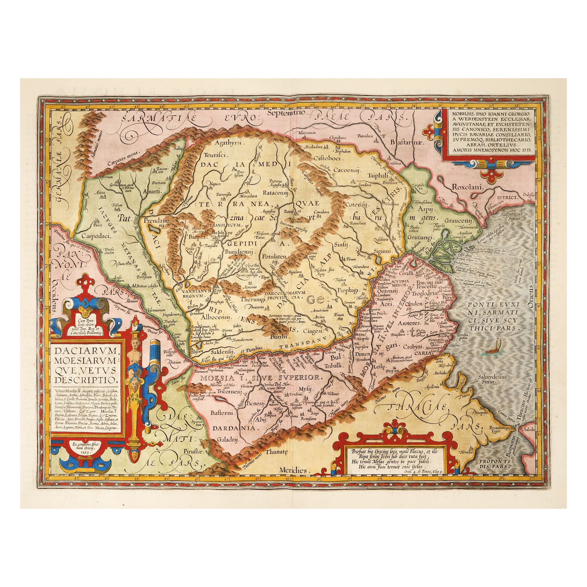 Hartă ”Dacia și Moesia”, de Abraham Ortelius, ediţia Orbis Terrarum, Antwerp, 1595