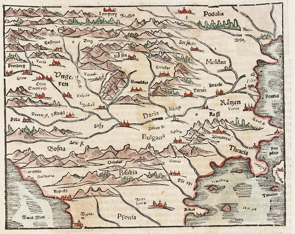 Hartă ”Valahia și Bulgaria”, Sebastian Münster, Basel, 1628 