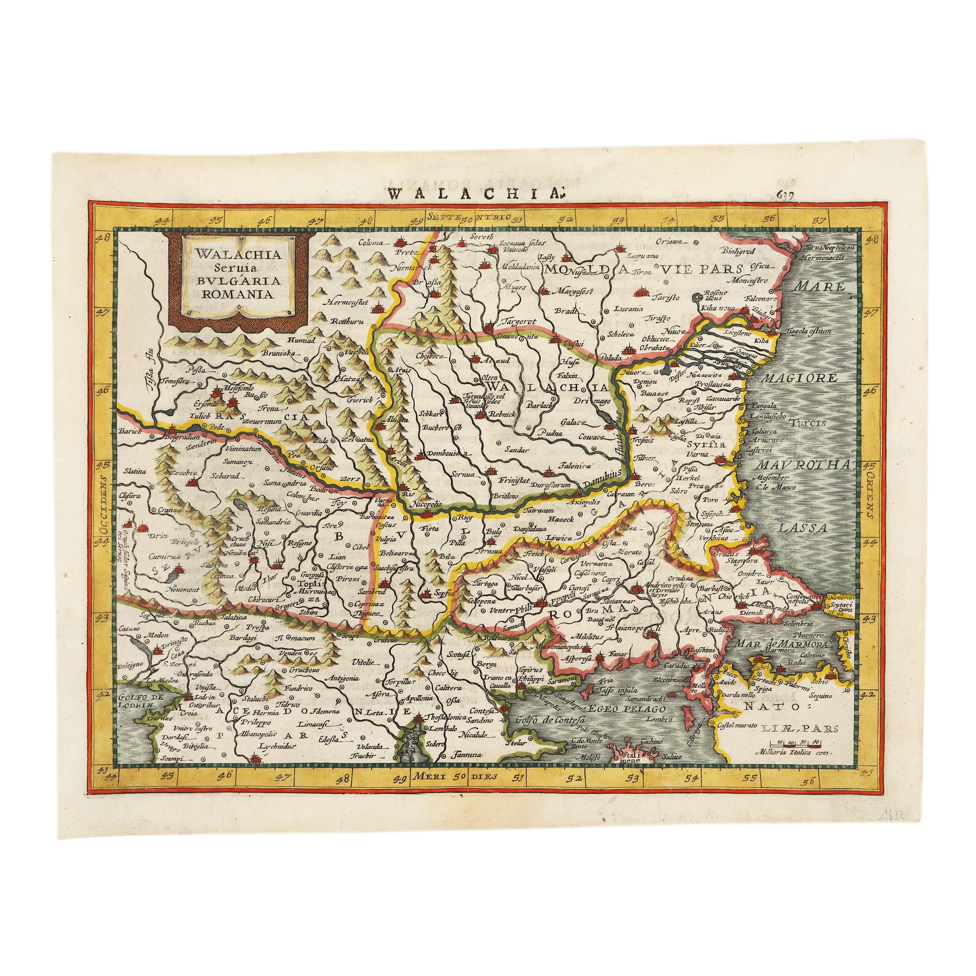 Map of "Valahia, Serbia, Bulgaria, Romania" ("Wallachia, Serbia, Bulgaria, Romania"), by Willem Janszoon Blaeu, Amsterdam, 1645