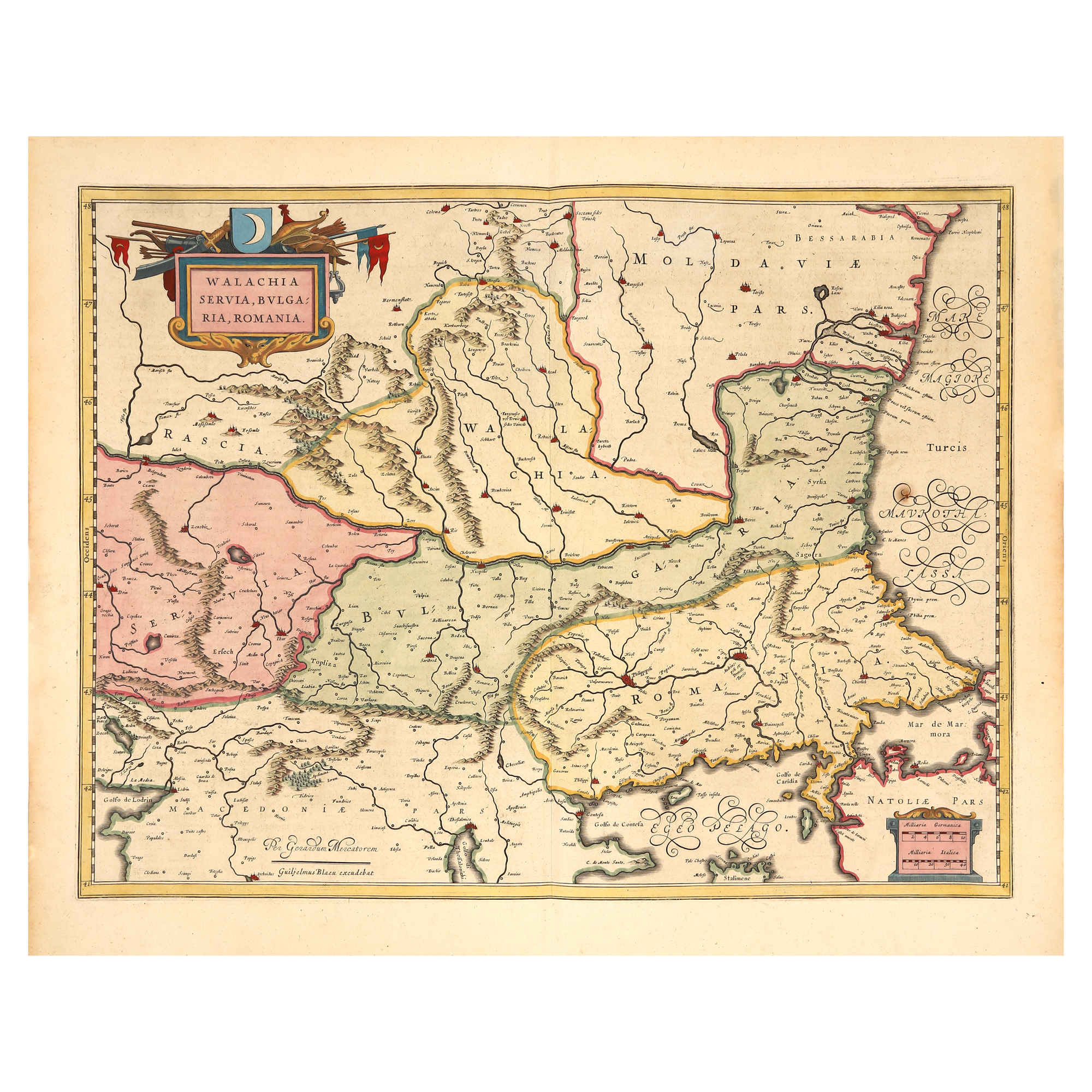 Map of "Valahia, Serbia, Bulgaria, Romania" ("Wallachia, Serbia, Bulgaria, Romania"), by Willem Janszoon Blaeu, Amsterdam, 1635