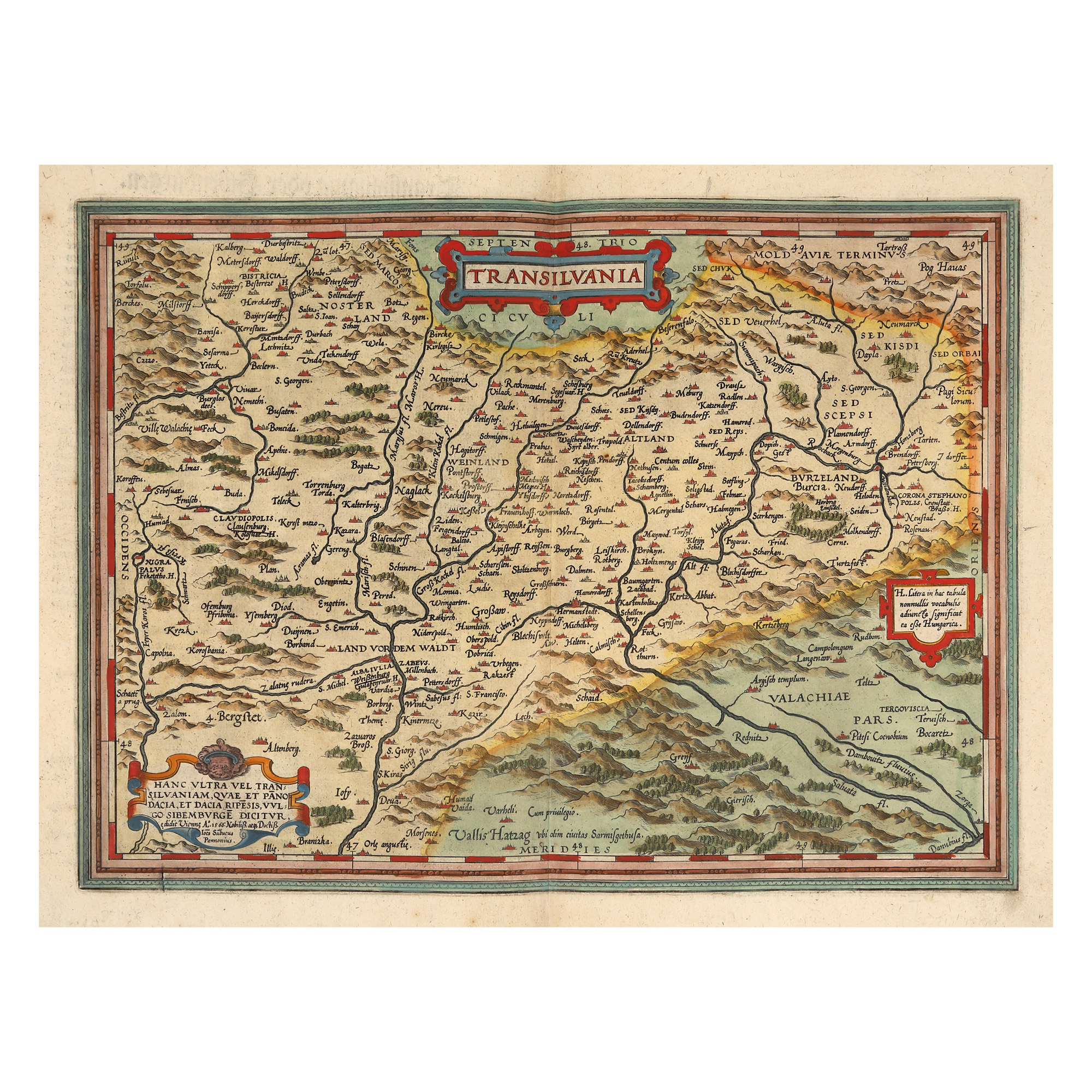 Hartă ”Transilvania”, de Johannes Sambucus (Janos Zsamboky), tipărită de Abraham Ortelius, ediţia Orbis Terrarum, Antwerp, 1566