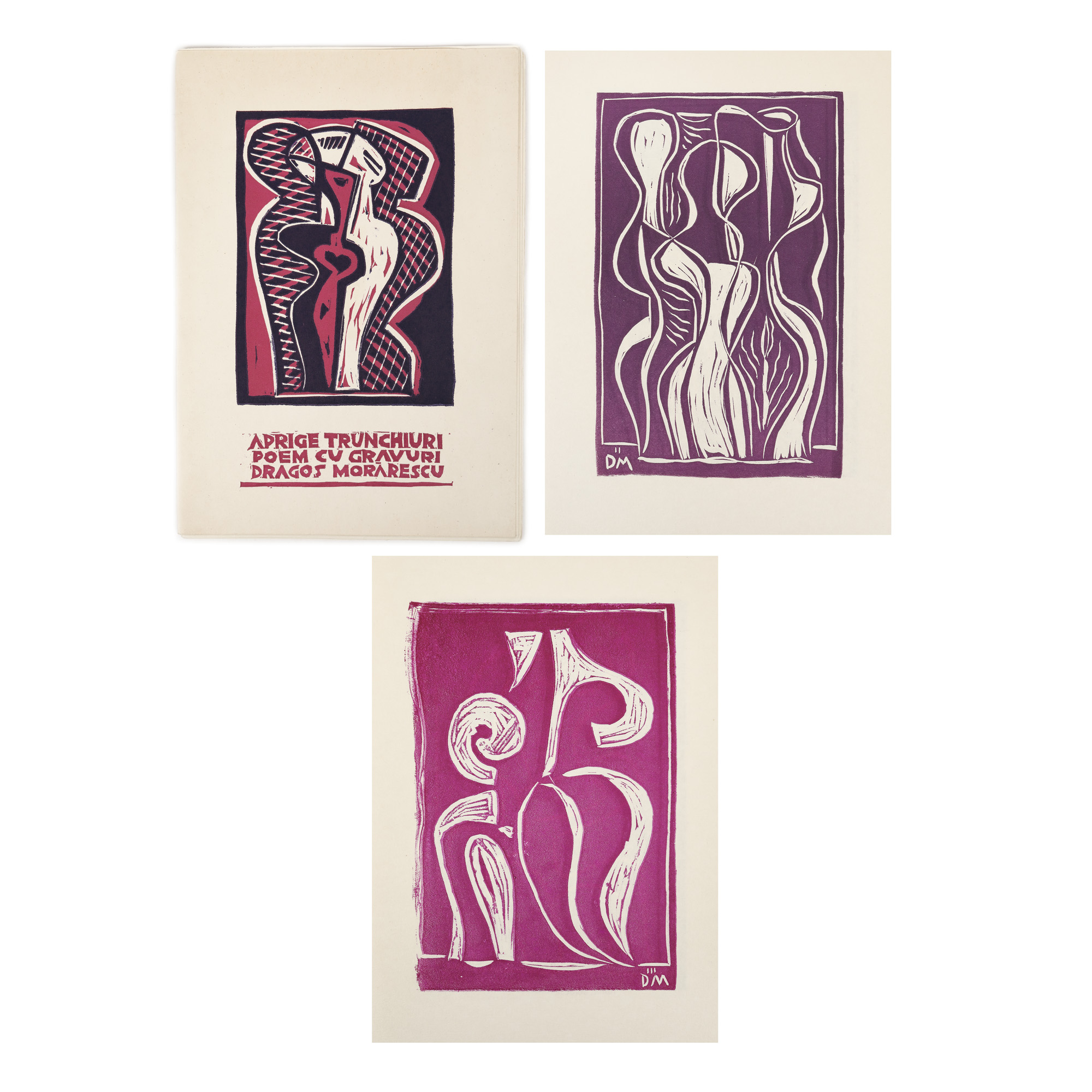 ”Aprige trunchiuri”, de Dragoș Morărescu, conținând zece linogravuri ale artistului, cu semnătura olografă a autorului, exemplar numerotat 128 din 225, datat ”Adria, 22 Septembrie 1985”