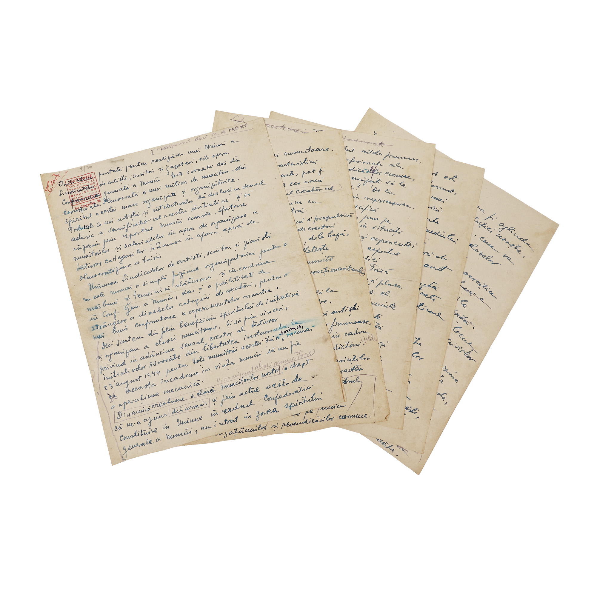 Manuscris de Max Herman Maxy, cu semnătura olografă, publicat în revista "Orizont" în 1943, despre inițiativa de a realiza Uniunea Sindicatelor Artiștilor, Scriitorilor și Ziariștilor (5 file)