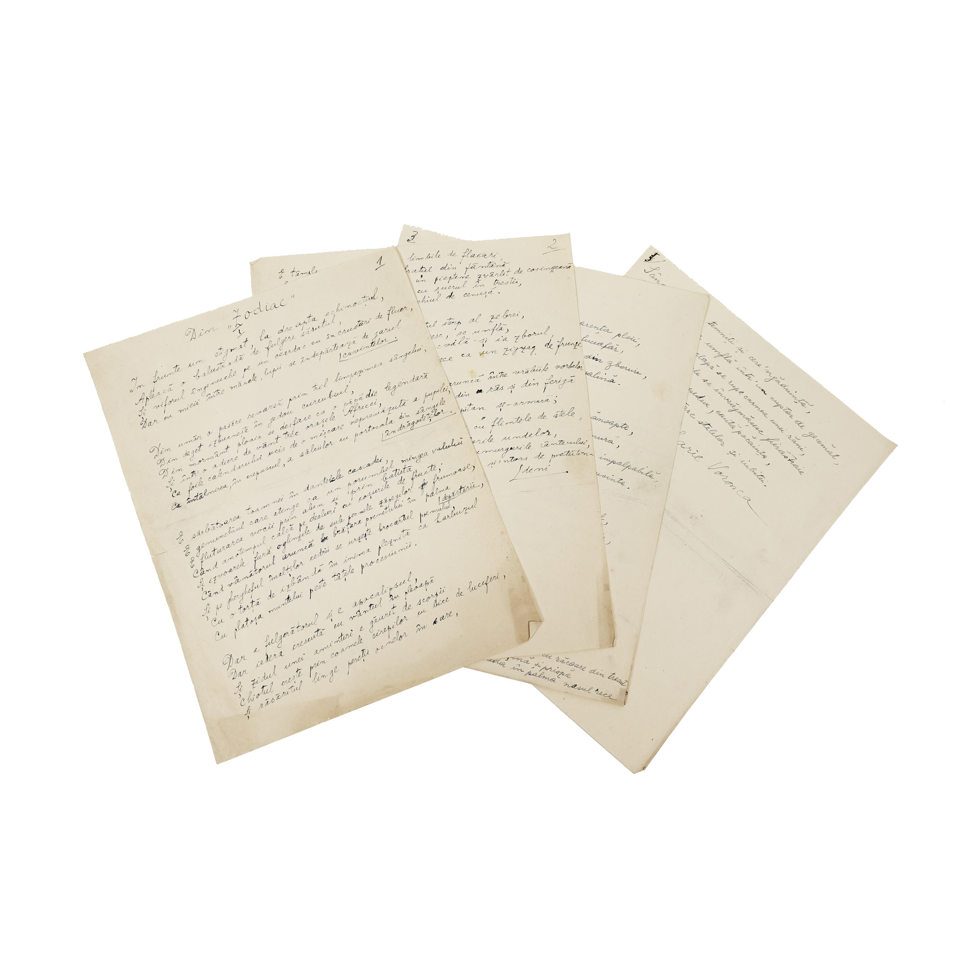 Manuscris ”Din Zodiac”, de Ilarie Voronca, cu semnătura olografă, a fost publicat în volumul ”Zodiac”, provine din colecția poetului avangardist Sașa Pană (5 file)