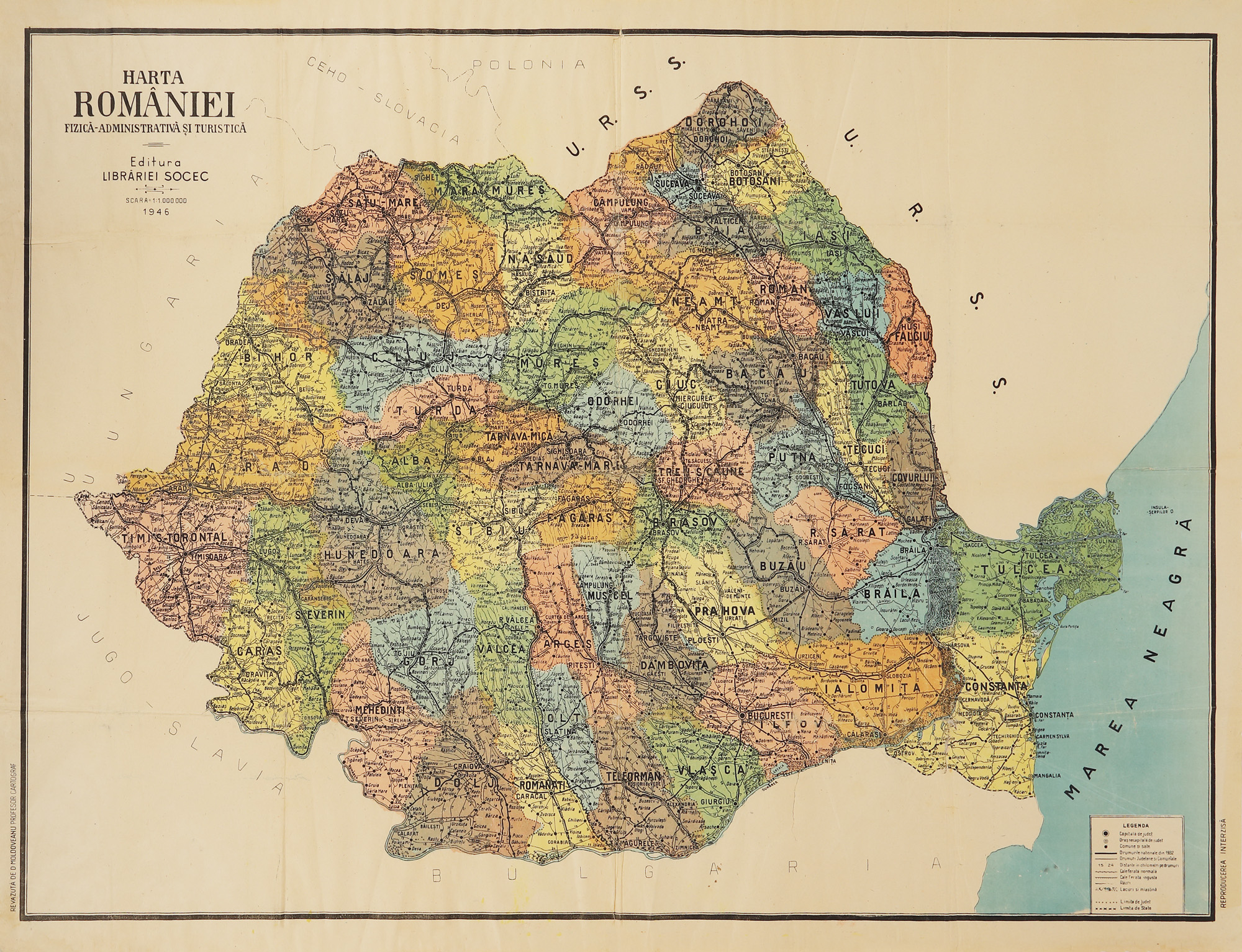 Hartă ”Harta României, administrativă și turistică”, editura librăriei Socec, 1946