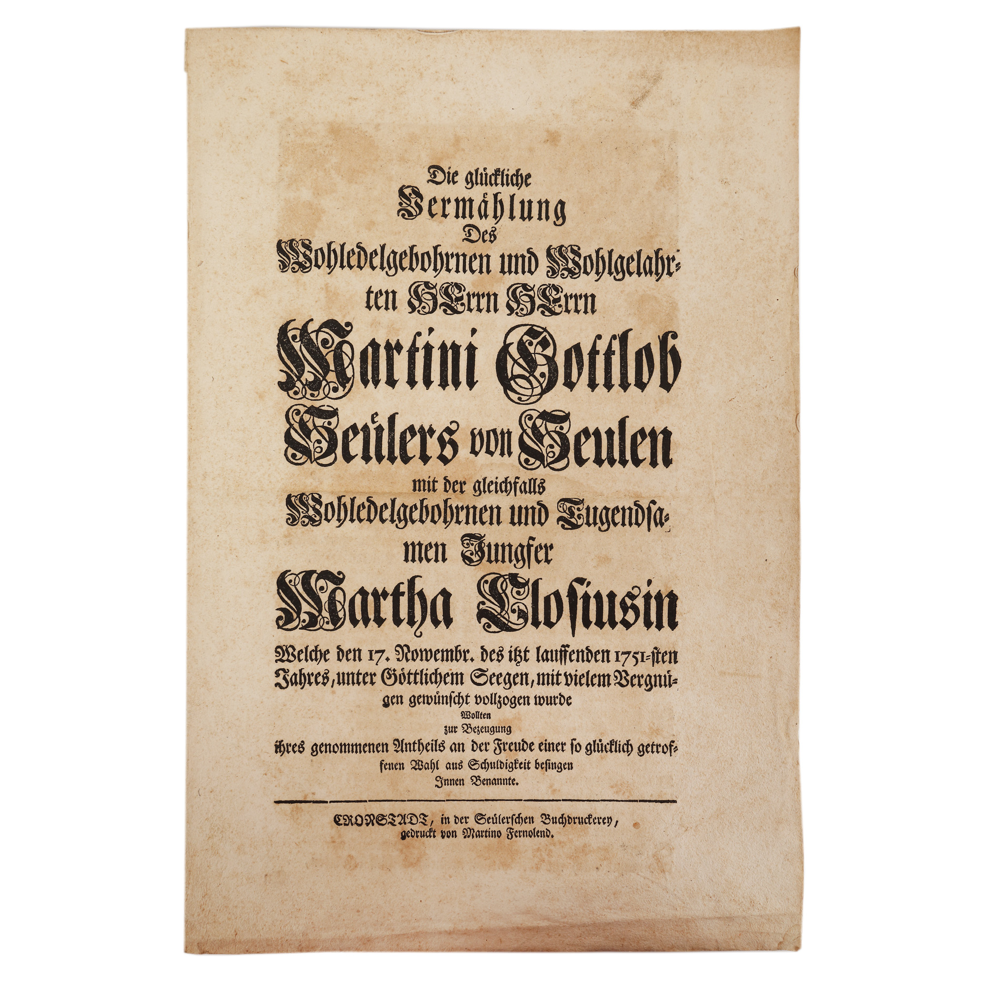 Anunț de căsătorie, farmacistul brașovean Martin Gotlob, Brașov, 1751