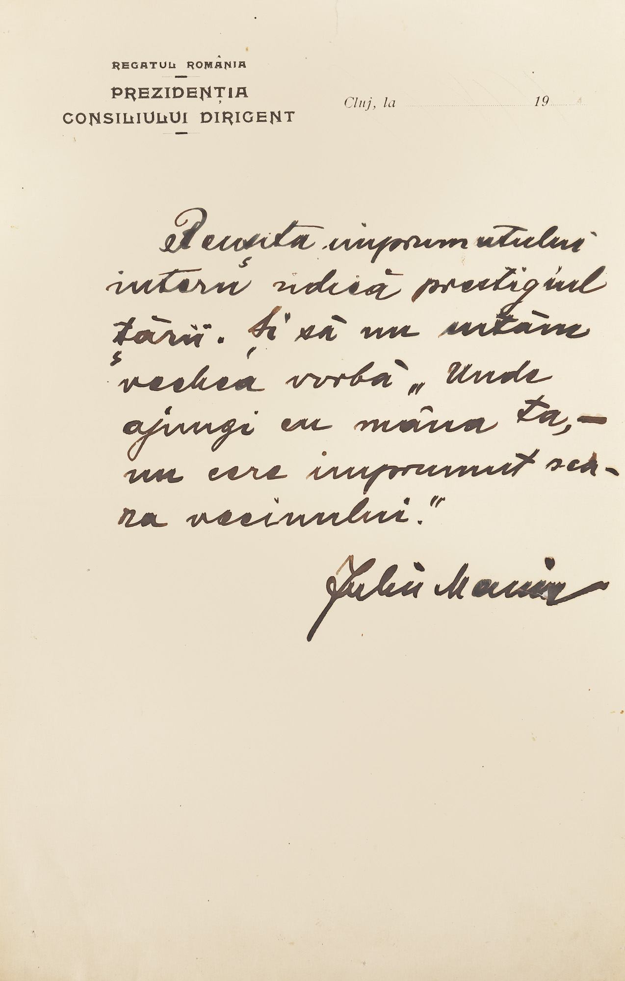 Manuscris ”Unde ajungi cu mâna ta, nu cere scară vecinului”, Iuliu Maniu, cu semnătură olografă, piesă extrem de rară, de colecție