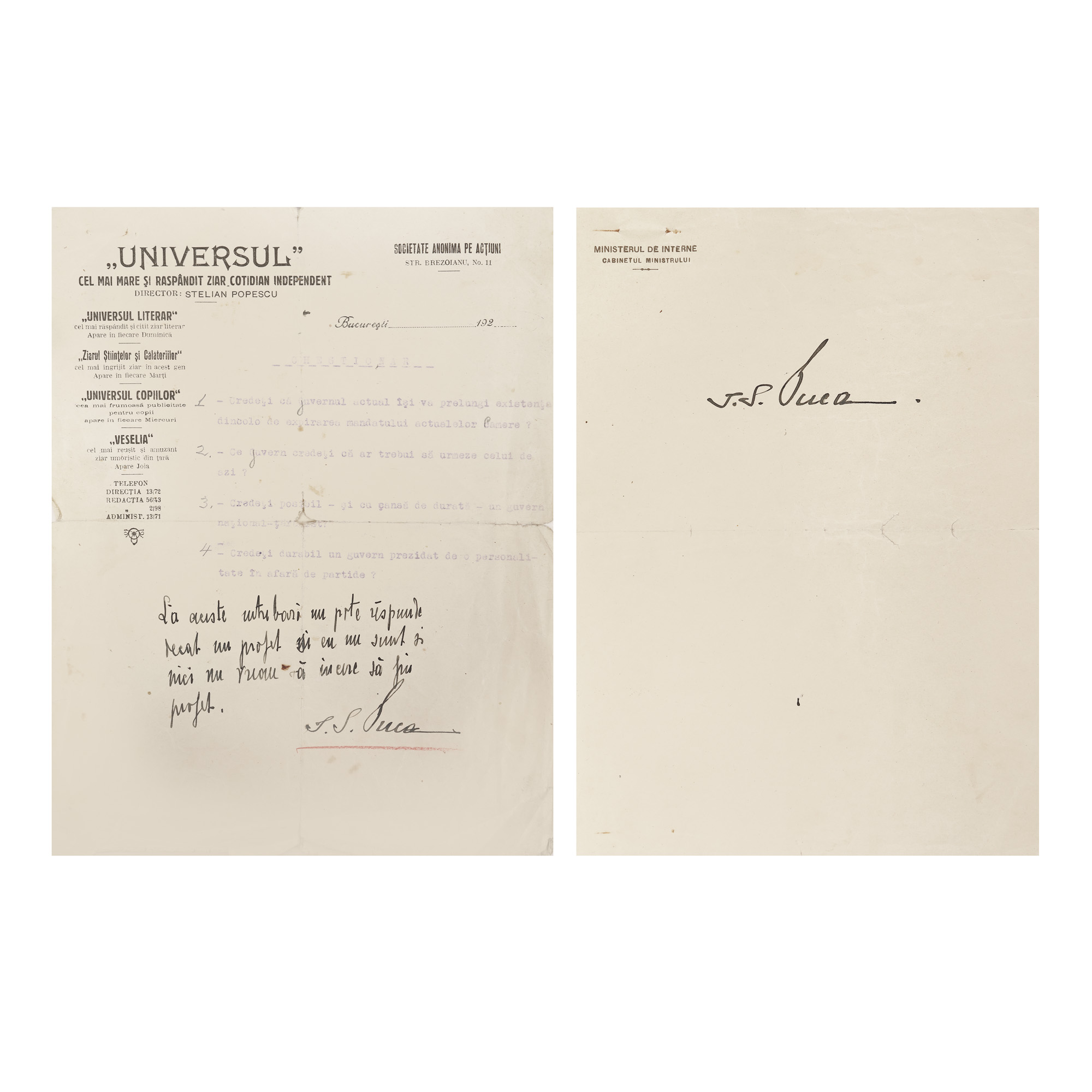 Lot format din chestionar pentru un articol în ziarul ”Universul”, cu răspunsul olograf al lui I.G. Duca, și foaie cu semnătura olografă a acestuia, anii 1920 (2 file)