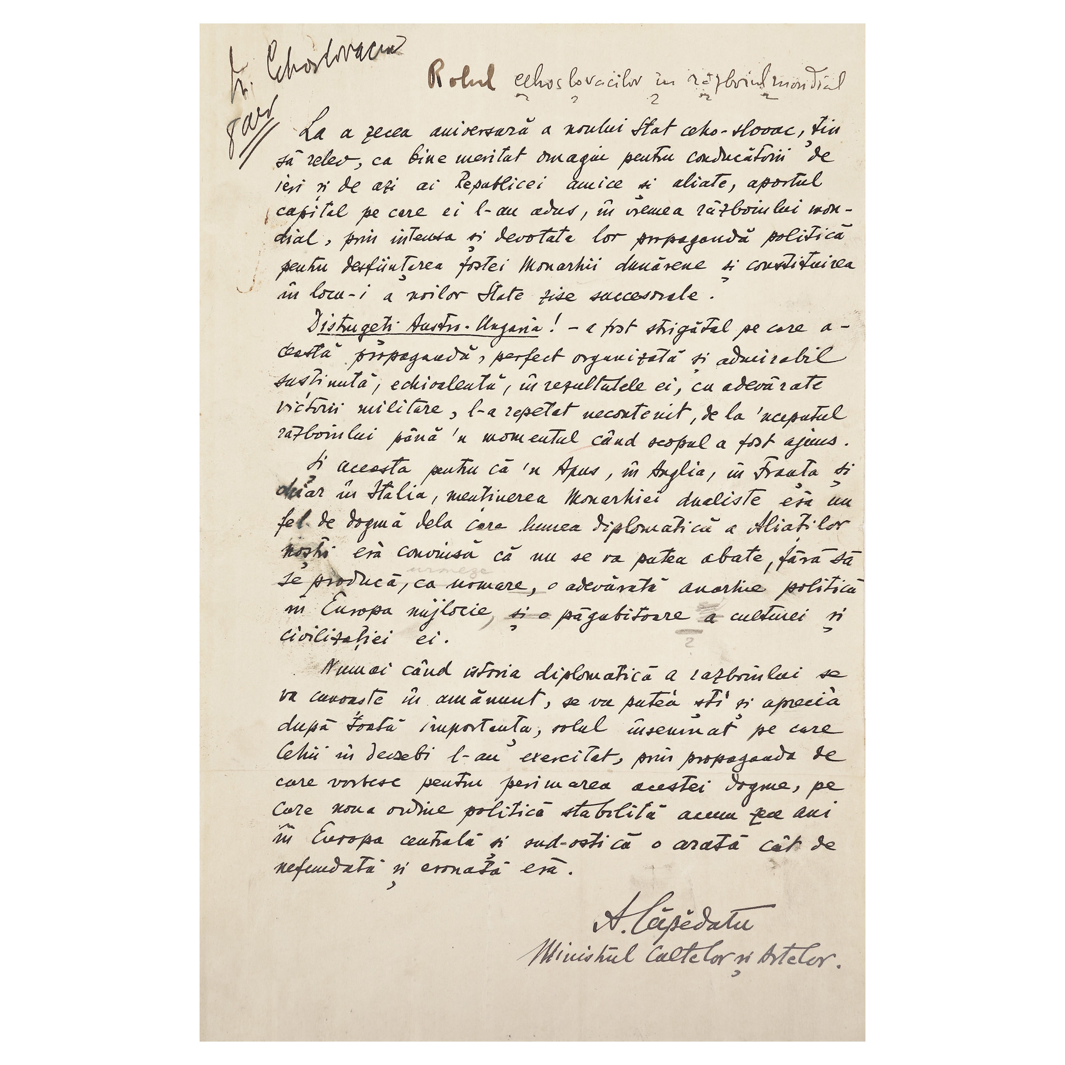 Manuscris ”Rolul cehoslovacilor în Războiul Mondial”, de Alexandru Lapedatu, cu semnătura olografă