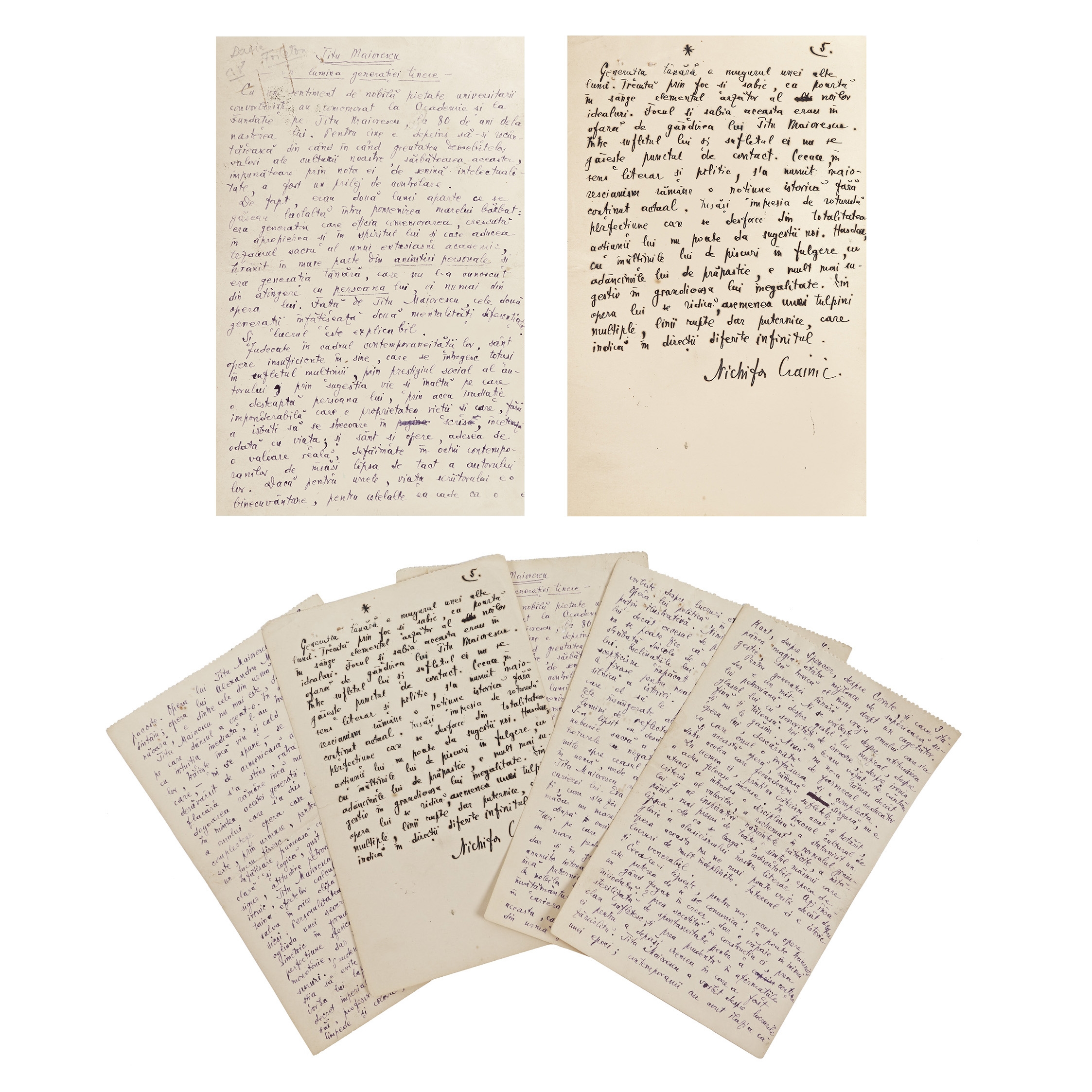 Manuscris ”Titu Maiorescu - În lumina generației tinere”, de Nichifor Crainic, cu semnătura olografă (5 file)