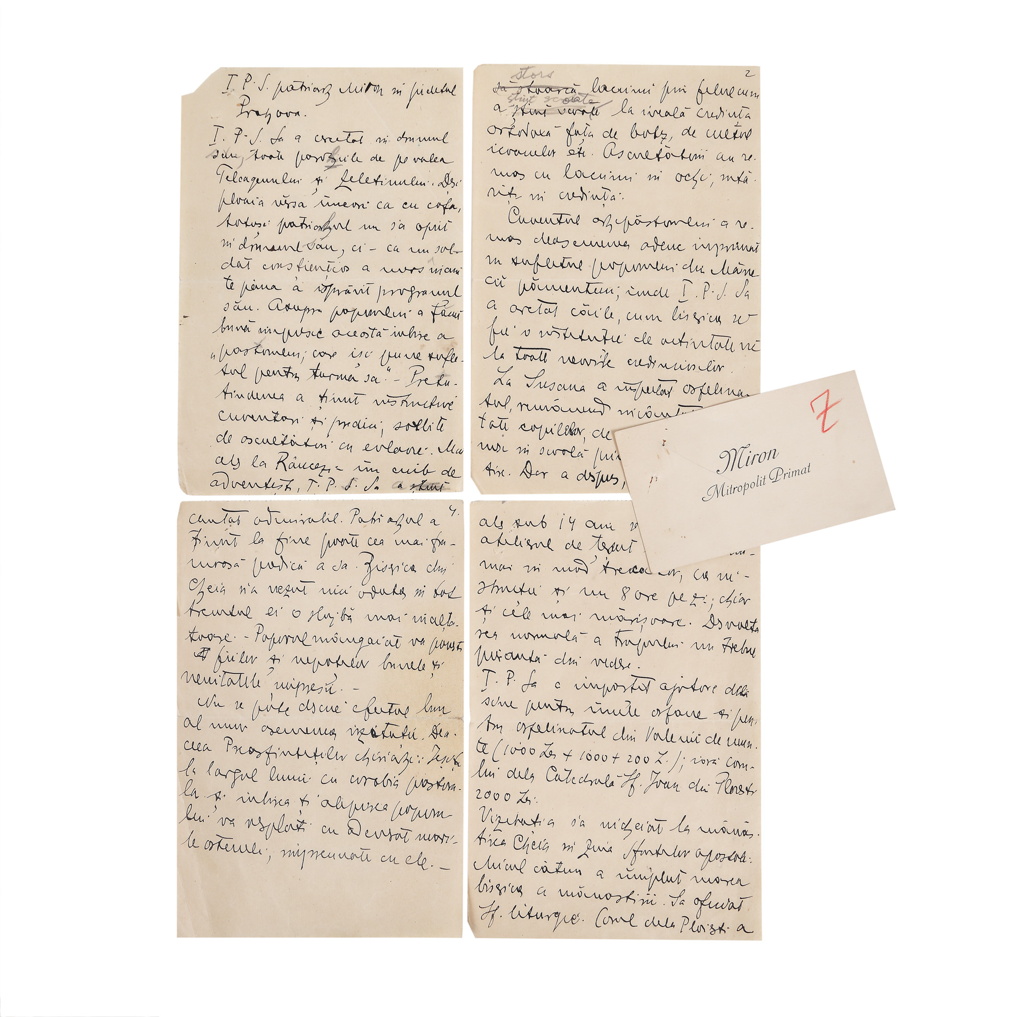 Lot format din carte de vizită a mitropolitului primat Miron și o scrisoare povestind vizita acestuia în județul Prahova