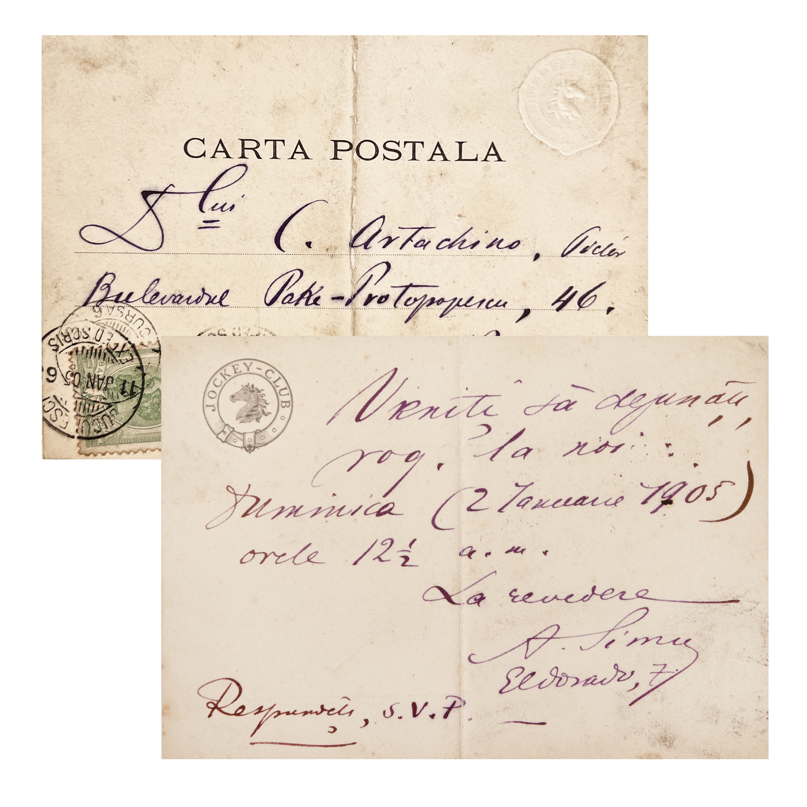 Carte poștală trimisă de Anastase Simu către Constantin Artachino, București, 2 ianuarie 1905, cu semnătura olografă
