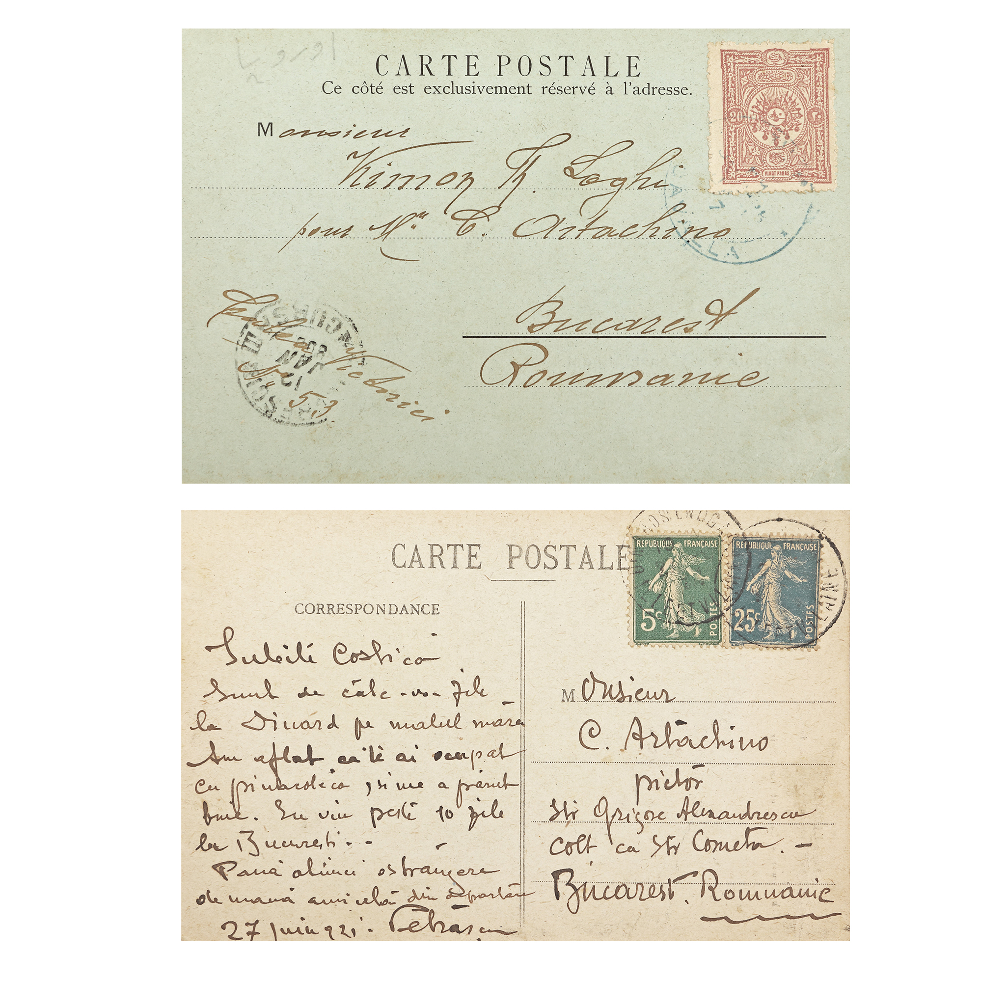 Lot consisting of two postcards received by Constantin Artachino from Nicolae Petrașcu and Kimon Loghi, Bucharest, cca. 1920, with handwritten signatures