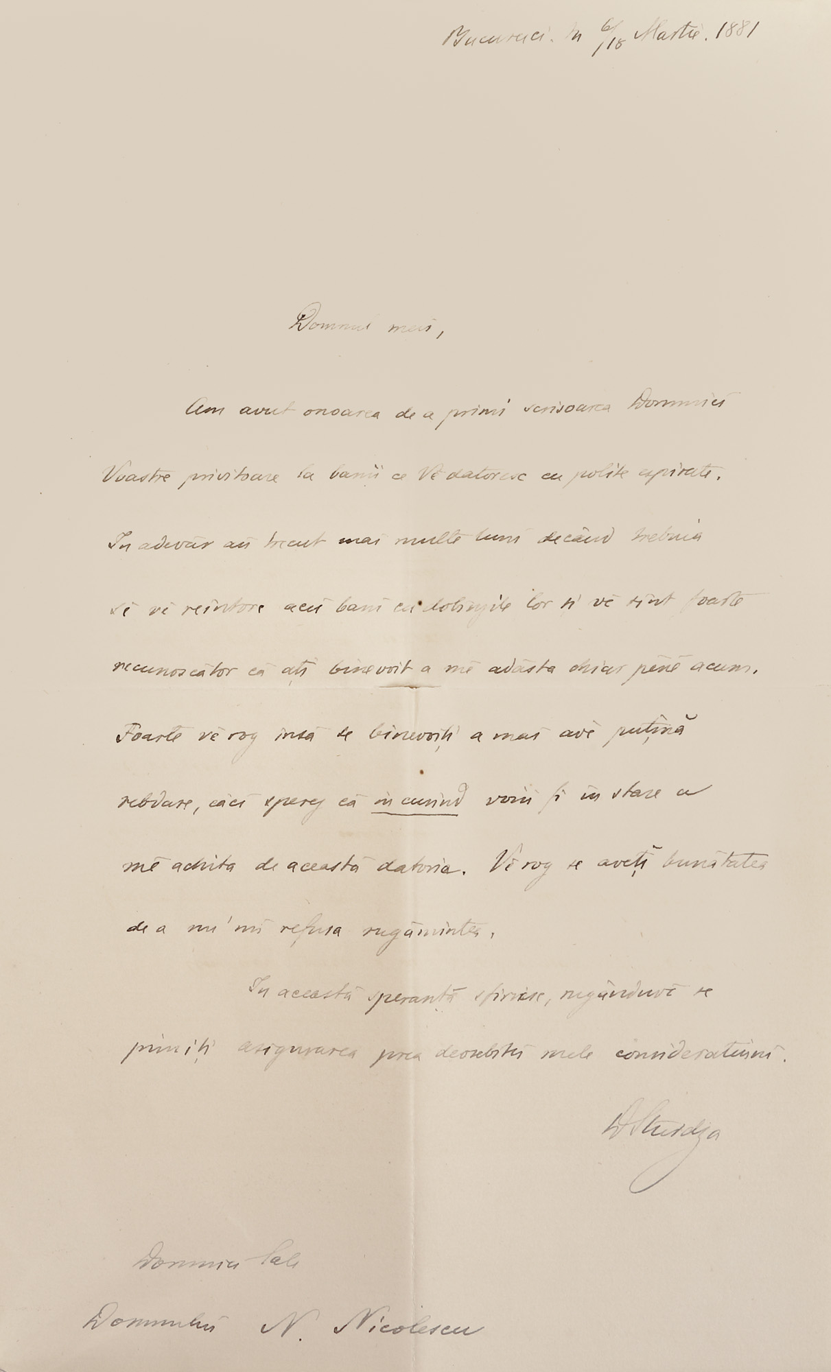 Scrisoare trimisă de Dimitrie A. Sturdza către bancherul N. Nicolescu, București, 6 martie 1881, cu semnătura olografă