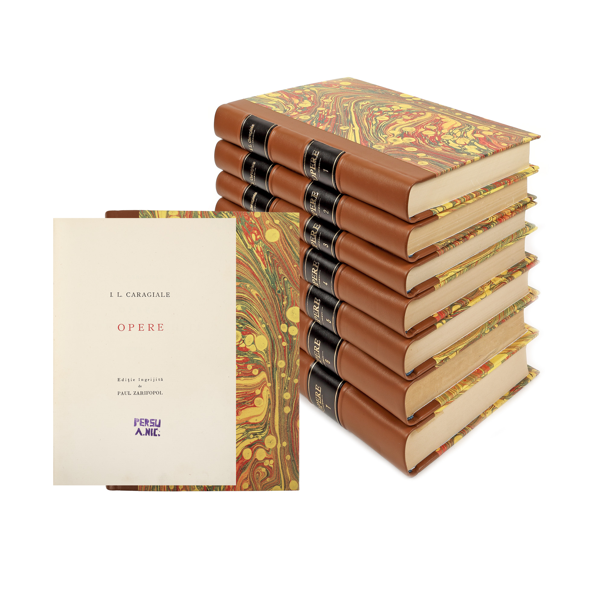 "I. L. Caragiale, Opere" ("I. L. Caragiale, Works"), edition curated by Paul Zarifopol and Șerban Cioculescu, seven volumes, Bucharest, 1930-1942, bibliophile copy