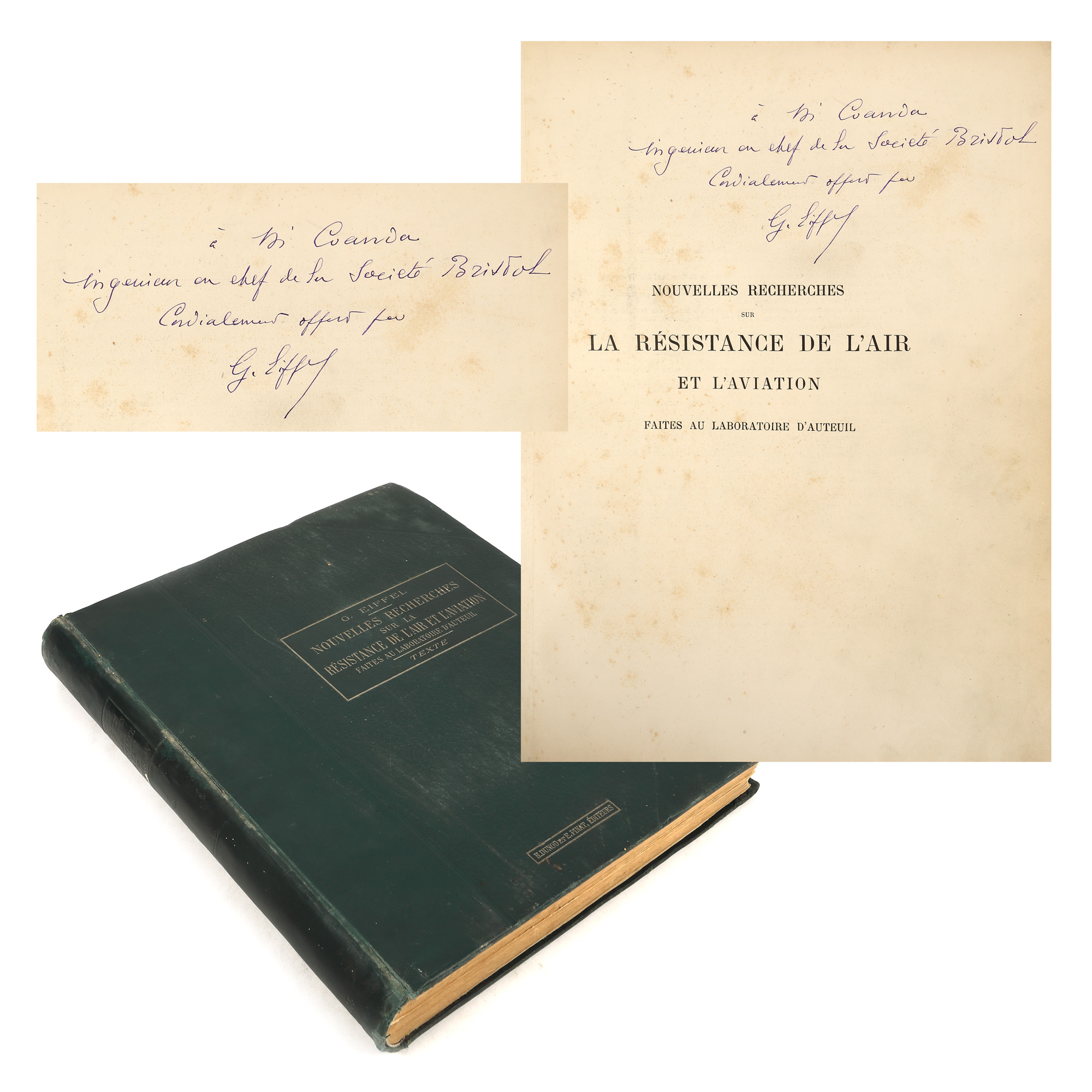 ”Noi cercetări asupra rezistenței aerului și aviației realizate în laboratorul Auteuil”, de Gustave Eiffel, Paris, 1914, cu dedicația și semnătura olografă a autorului către Henri Coandă, piesă extrem de rară, de colecție