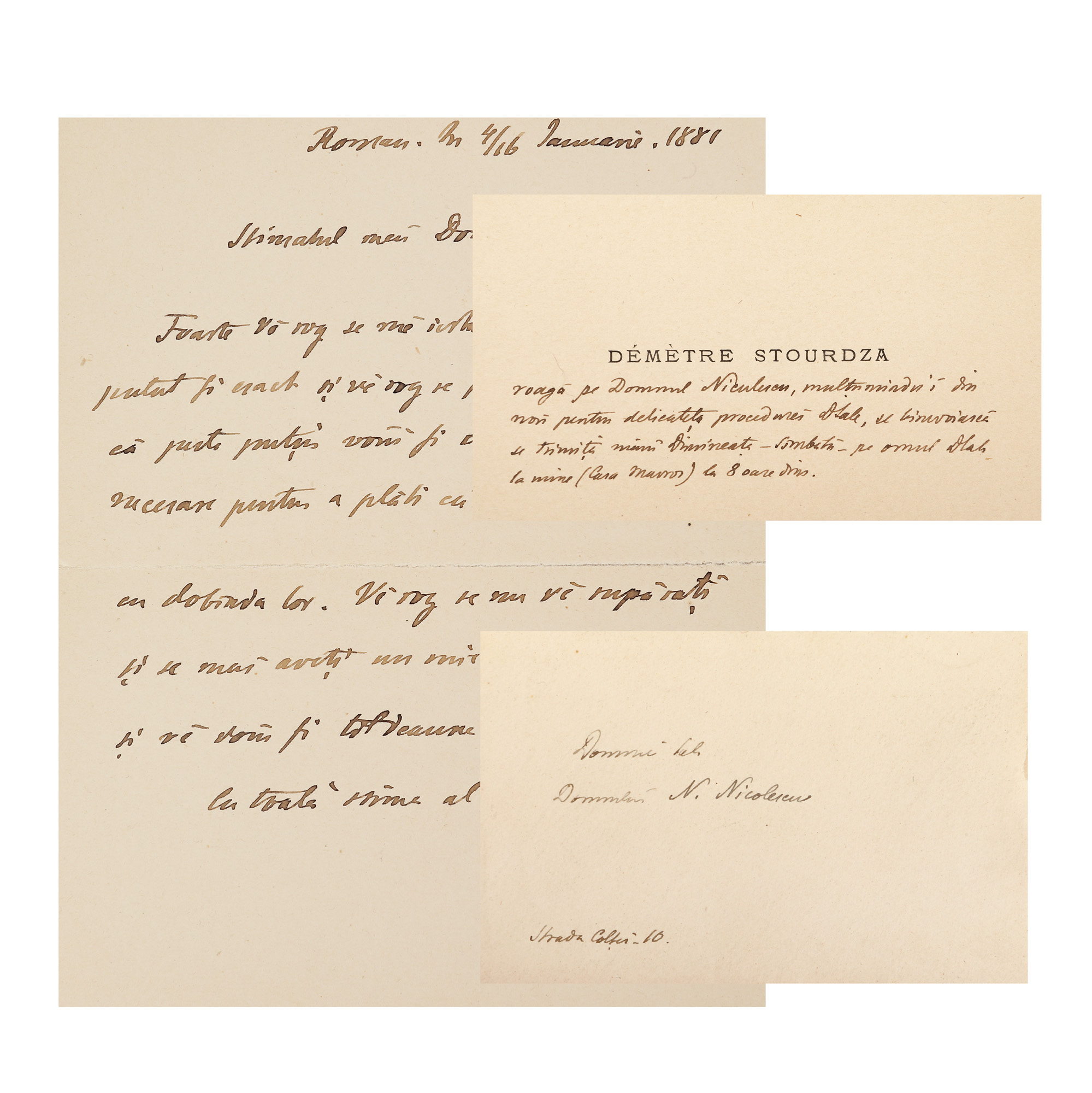 Lot format din bilet și carte de vizită trimise de Dimitrie Sturdza către N. Nicolescu, Roman, 4 ianuarie 1881, cu plicul original și semnătura olografă