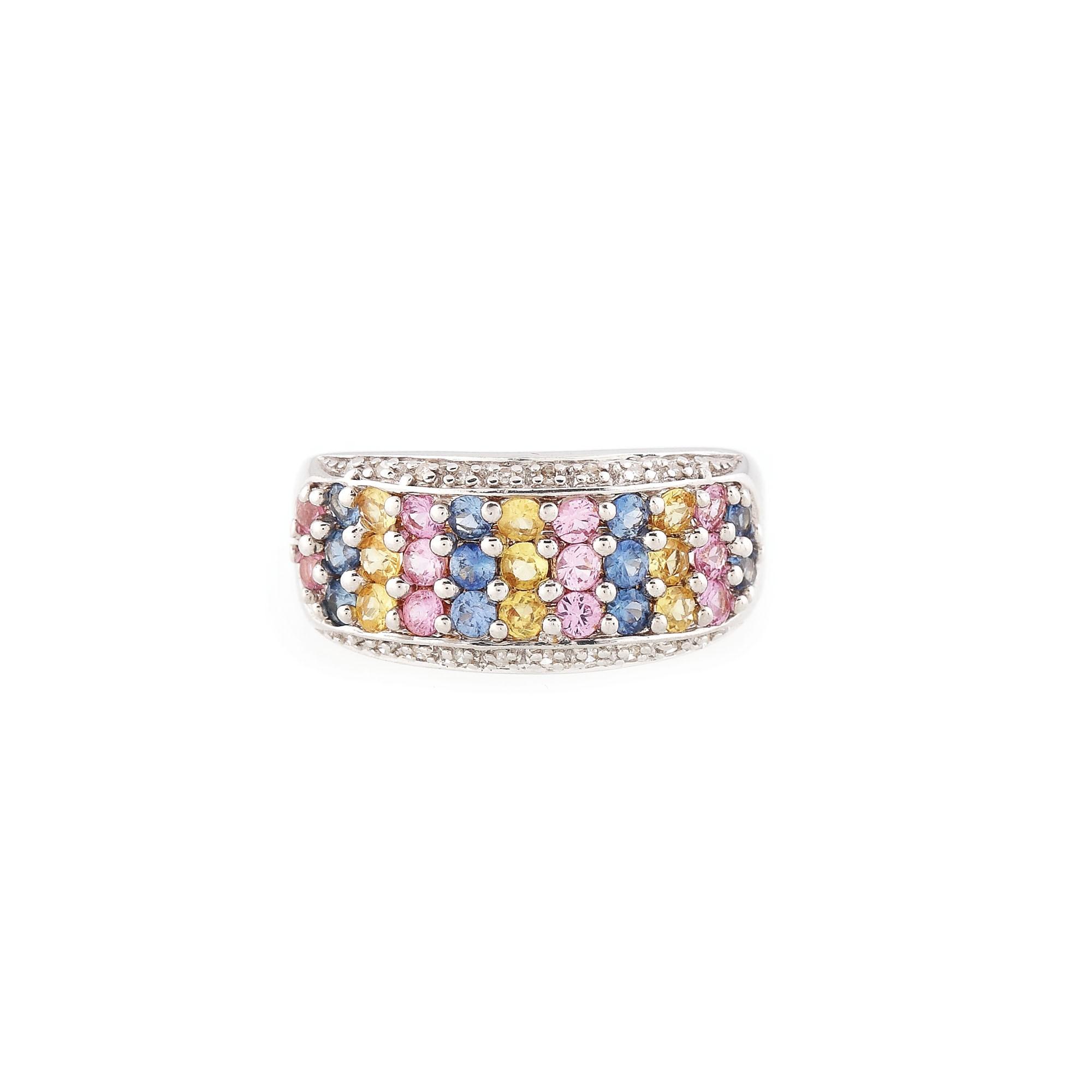 Inel din aur alb, decorat cu safire multicolore și diamante