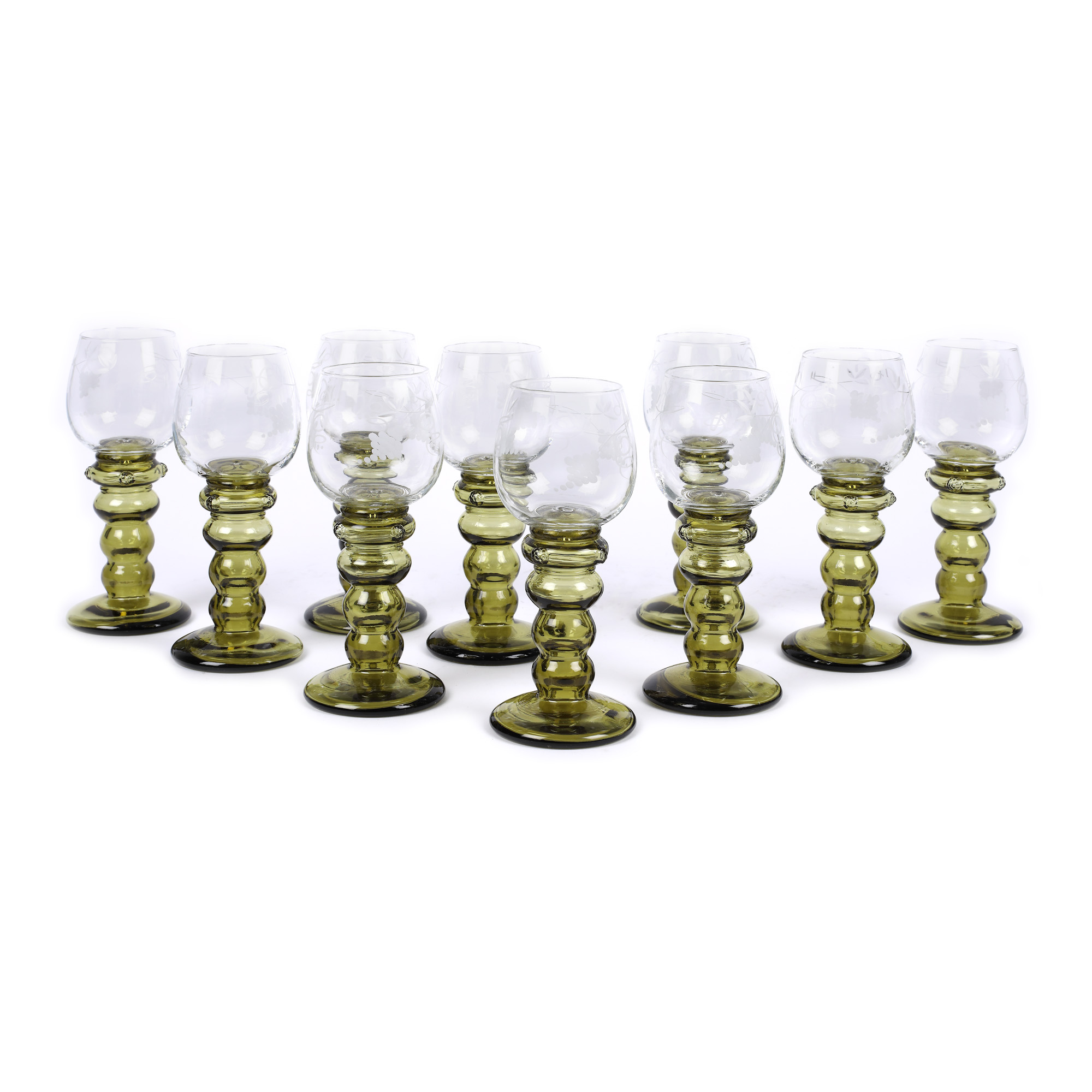 Set of 10 Roemer wine glasses with engraved vine decoration. approx. 1930-1940