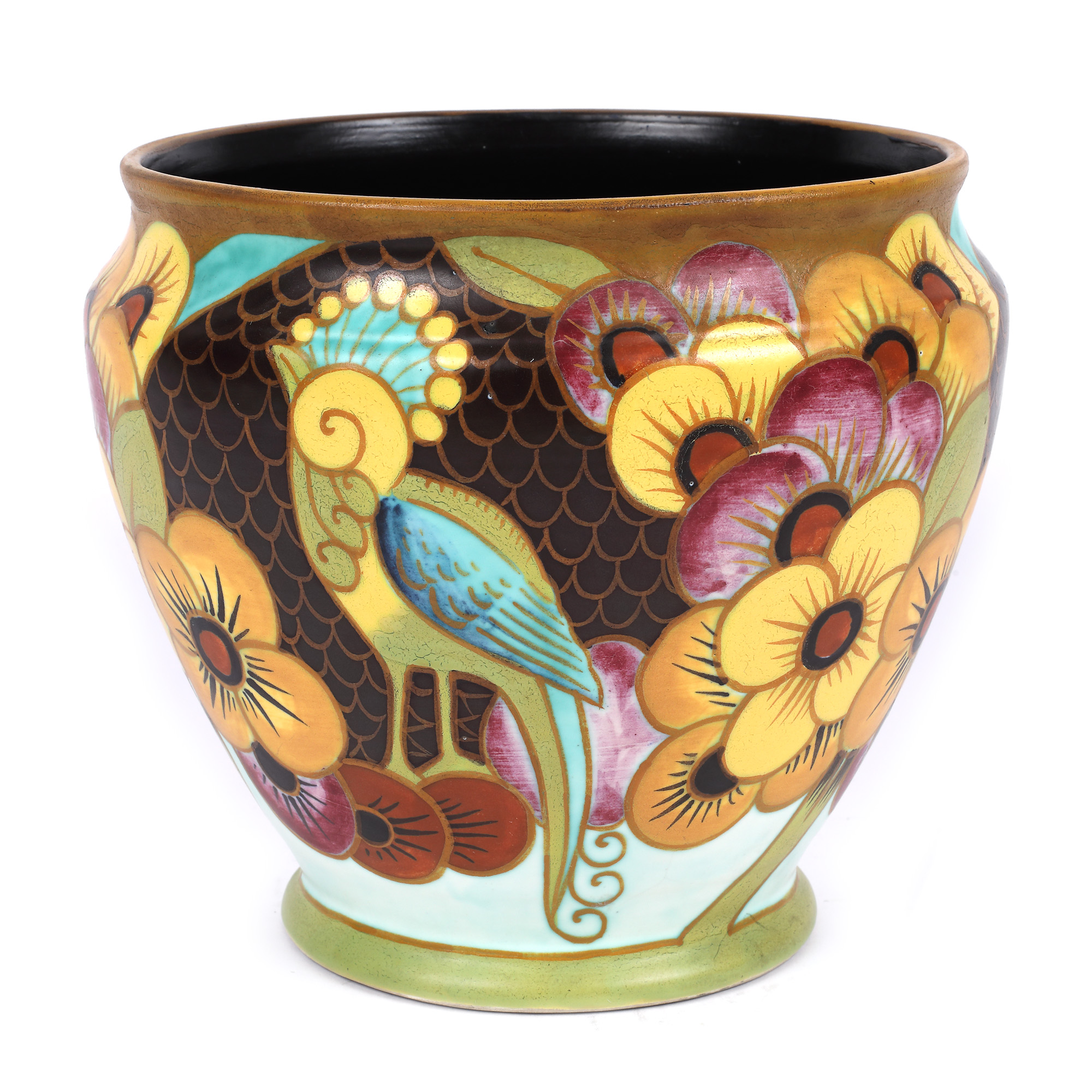 Cache-pot Boch Frères în stil Art Deco, decorat cu pasărea paradisului, designer Charles Catteau, cca. 1933