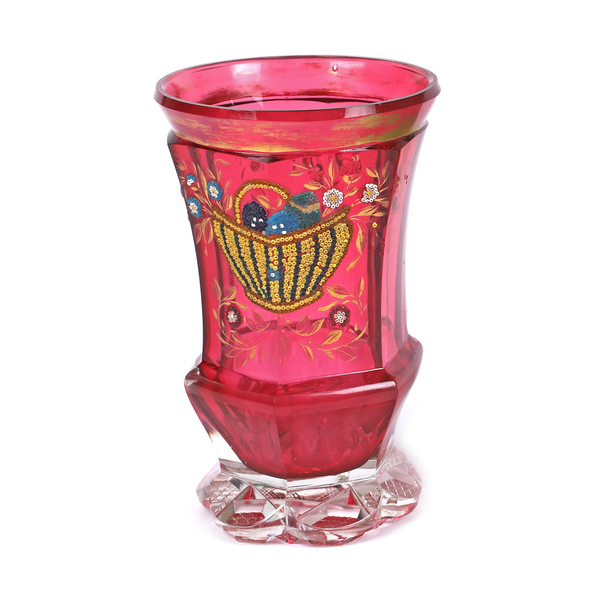 Biedermeier crystal cup, decorated with beads, approx. 1820