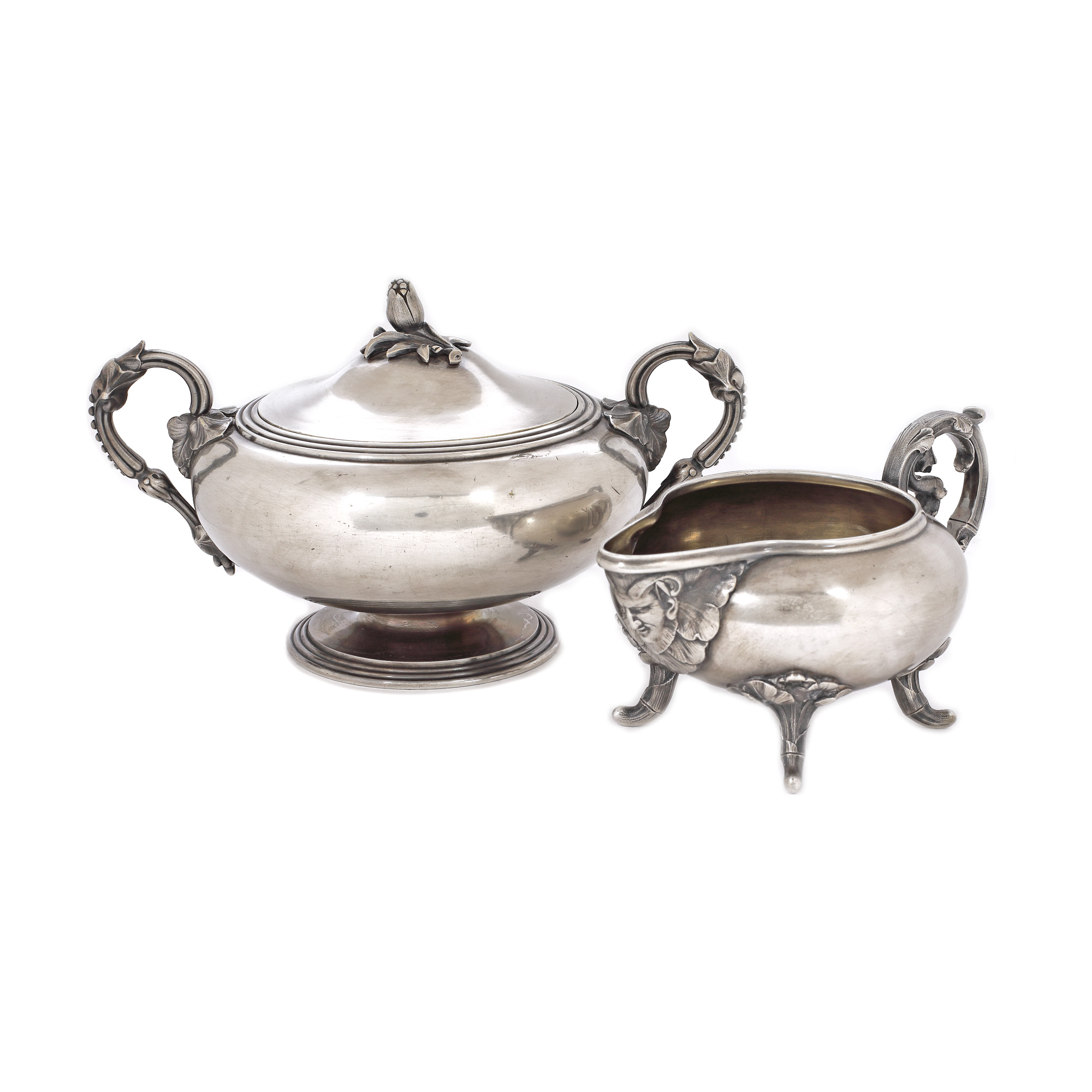 Set Christofle, format din letieră și zaharniță, decorat cu vrejuri vetegale și cap de satir, cca. 1875-1880