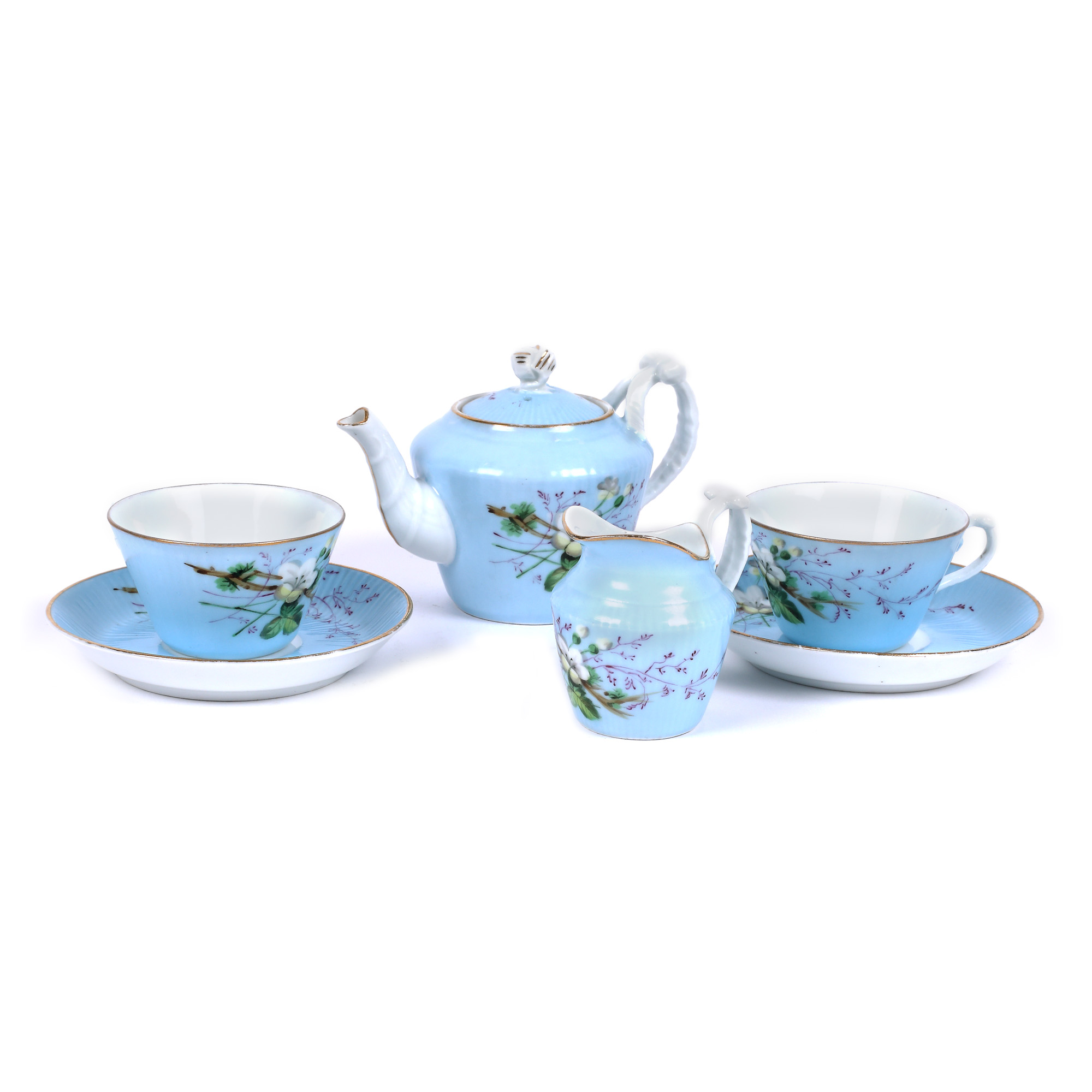 Francis Gardner porcelain tête-à-tête set, consisting of a pair of cups with plate, milk pot, teapot and sugar bowl, second half of the 19th century