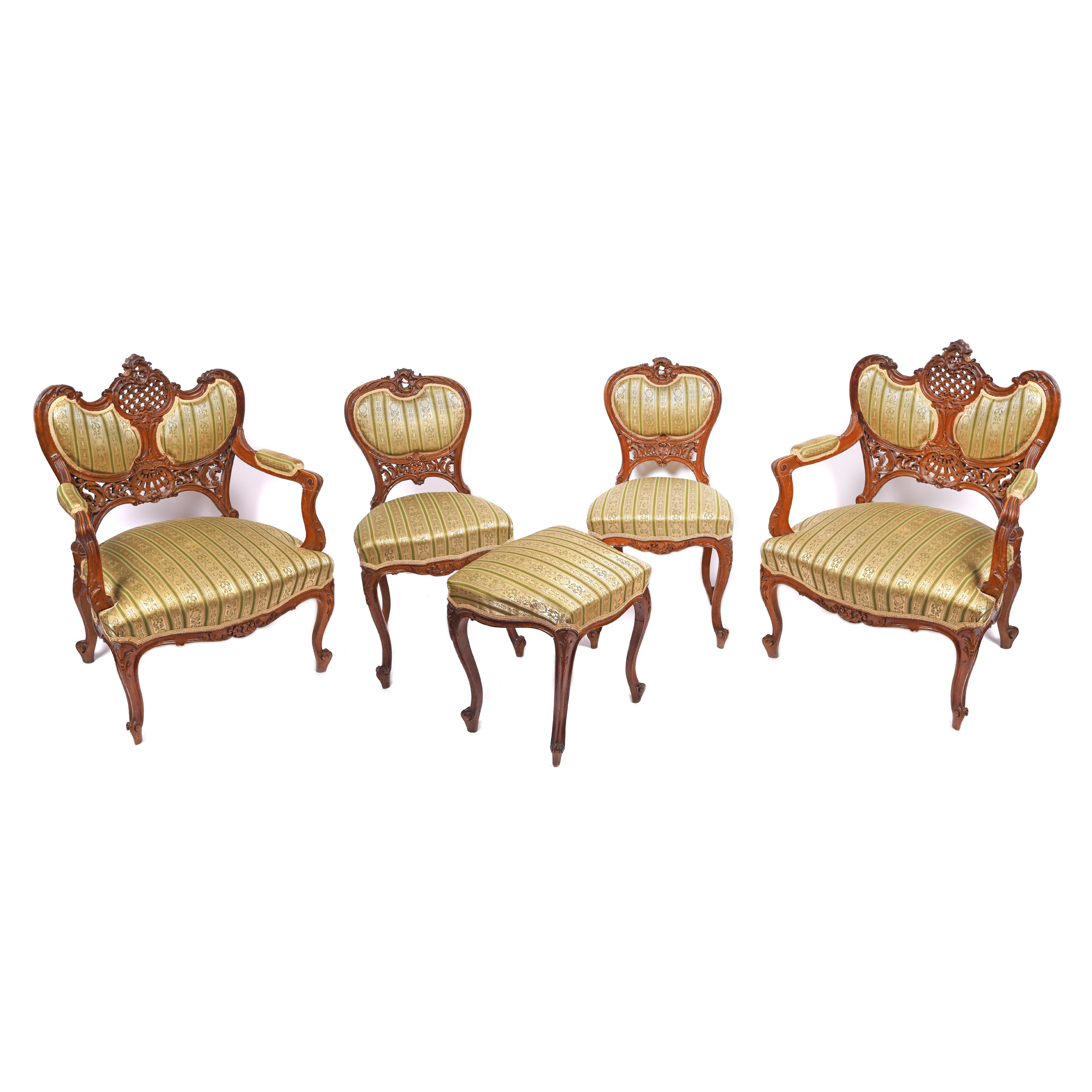 Neo-Rococo style salon set, consisting of a pair of chairs, armchairs and a stool, 20th century