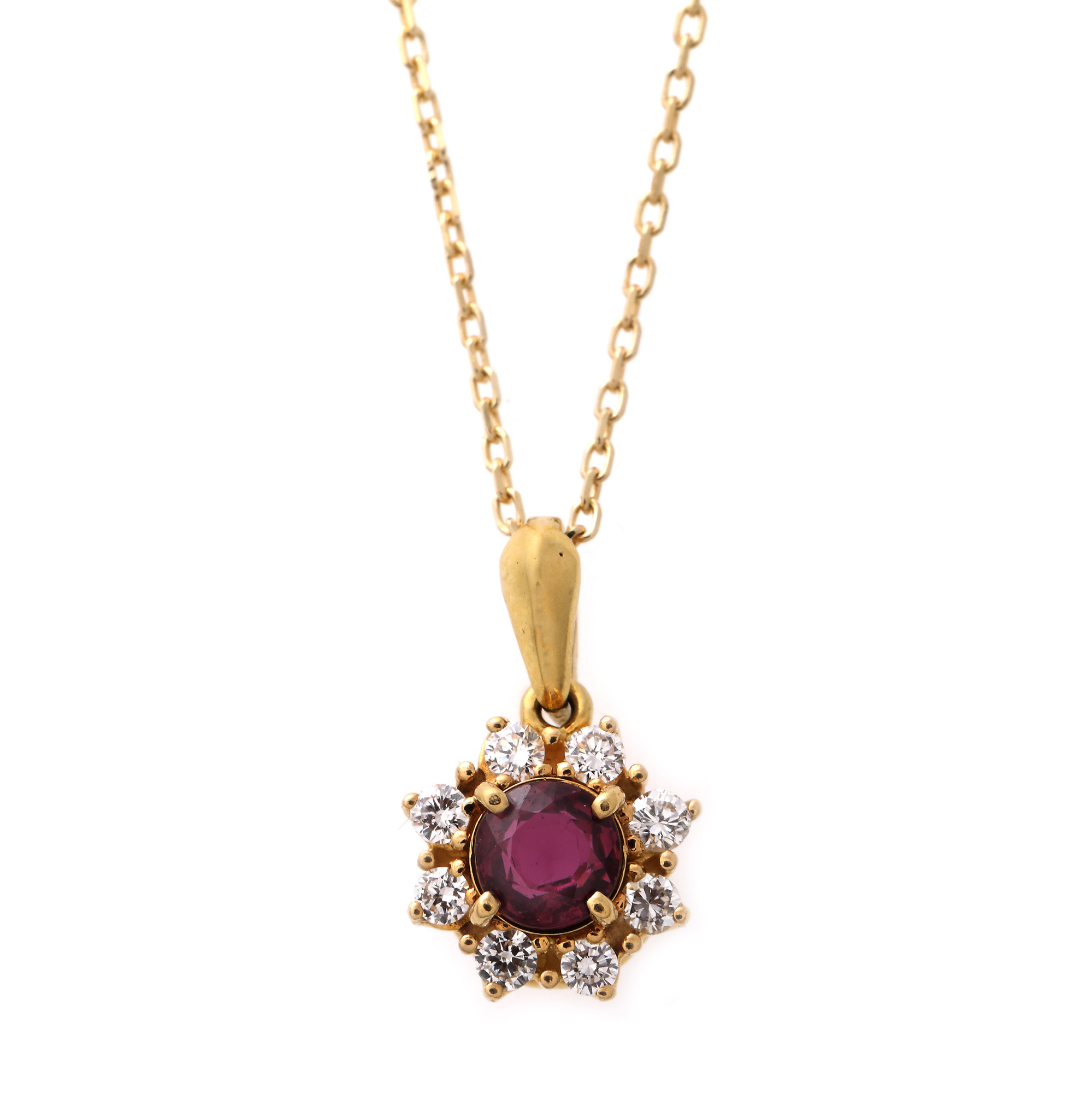 Gold necklace with pendant, centrally decorated with a ruby surrounded by diamonds