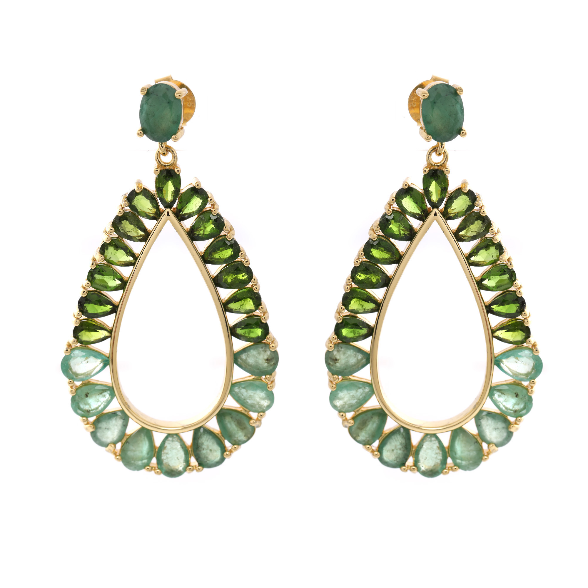 Pair of gilded silver earrings decorated with emeralds and chrome diopside