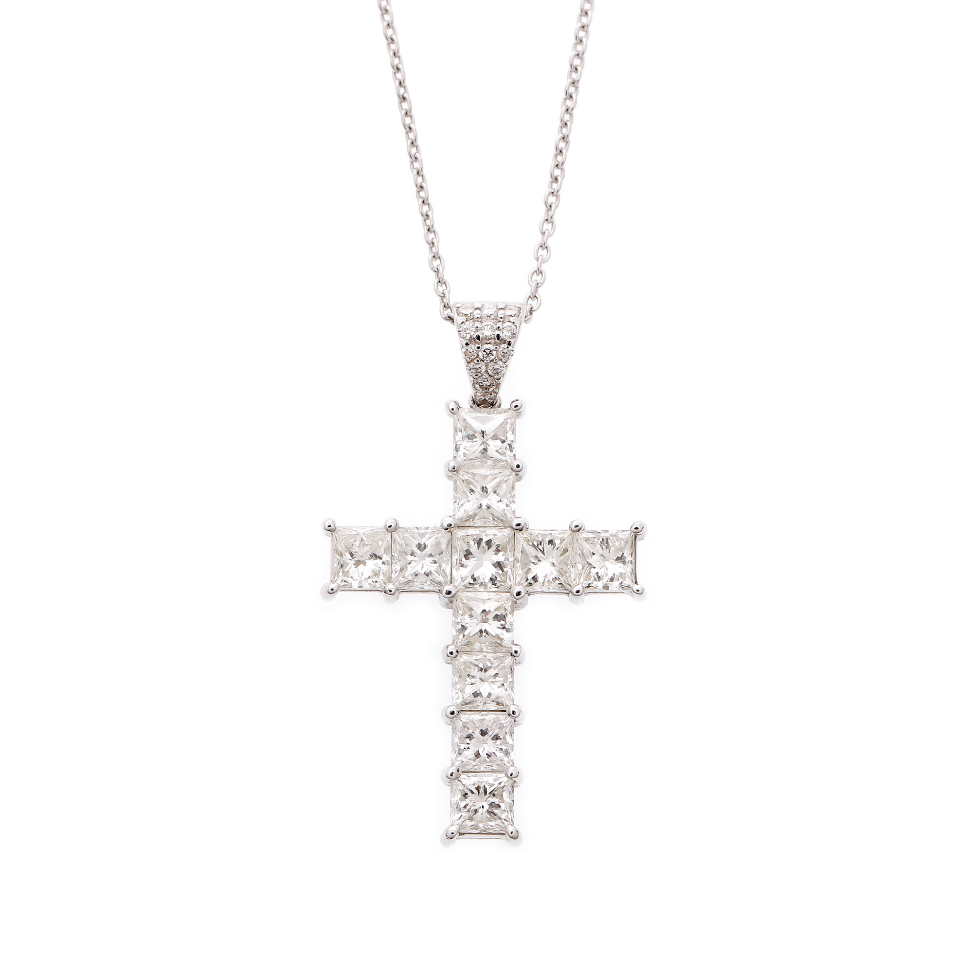 White gold necklace with cross pendant, decorated with diamonds