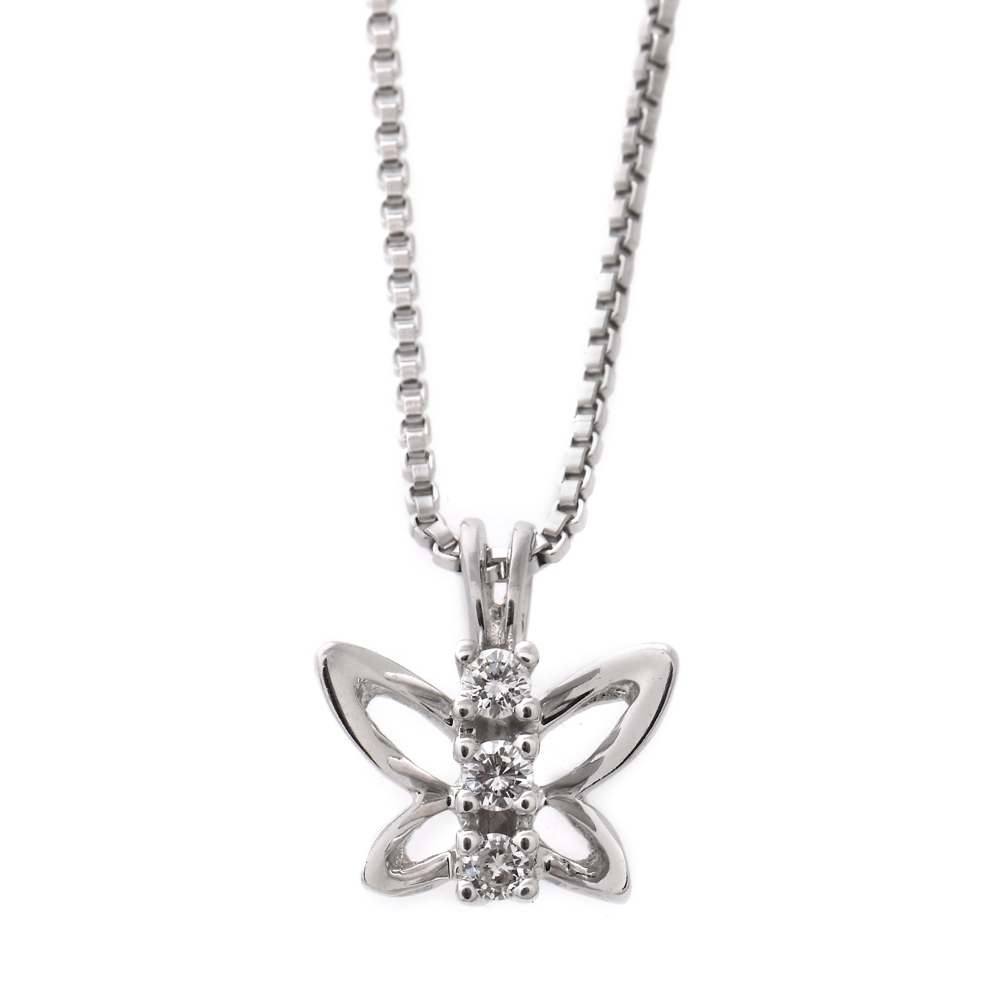 White gold necklace with butterfly-shaped pendant, decorated with diamonds
