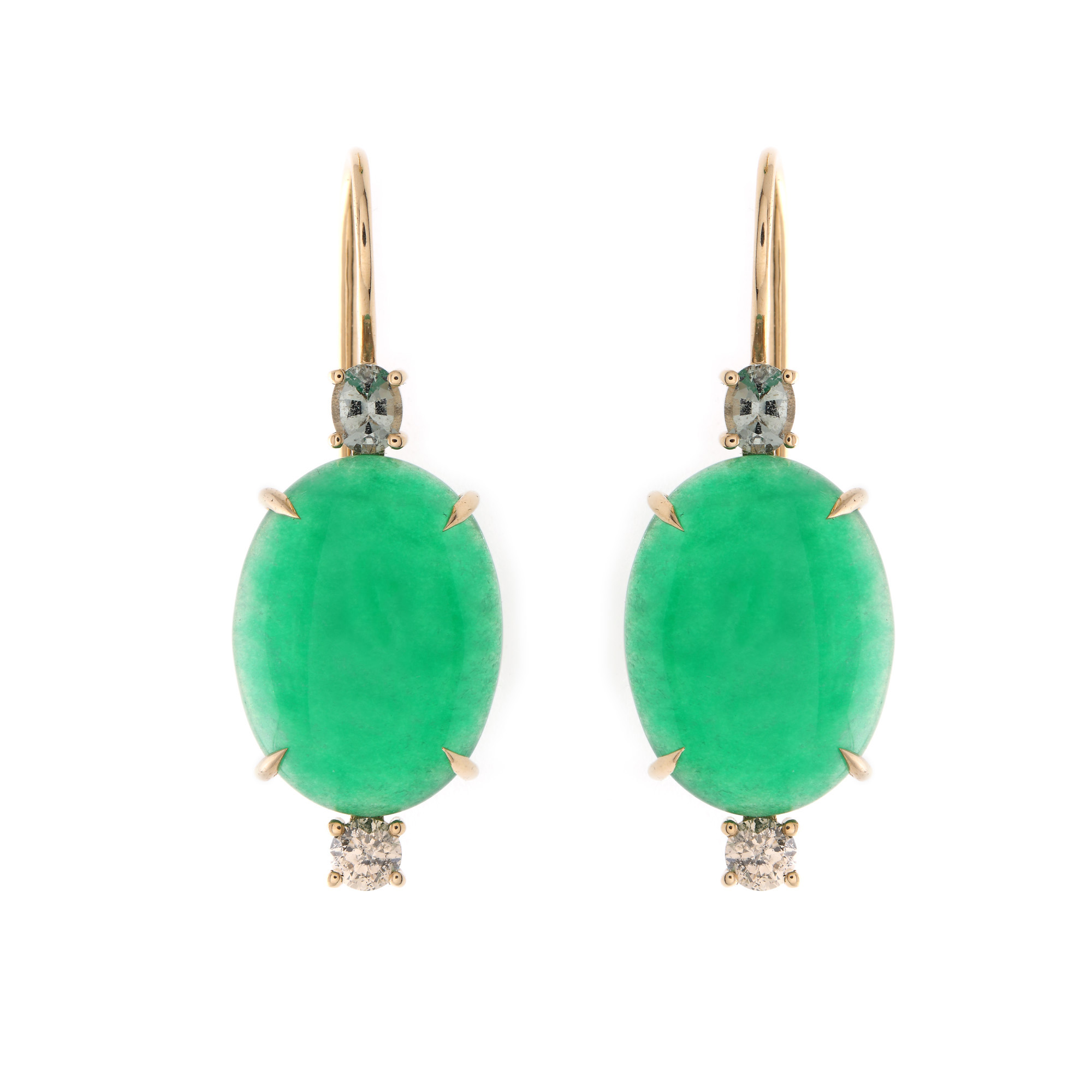 Pair of gold earrings, decorated with jadeites, sapphires and diamonds