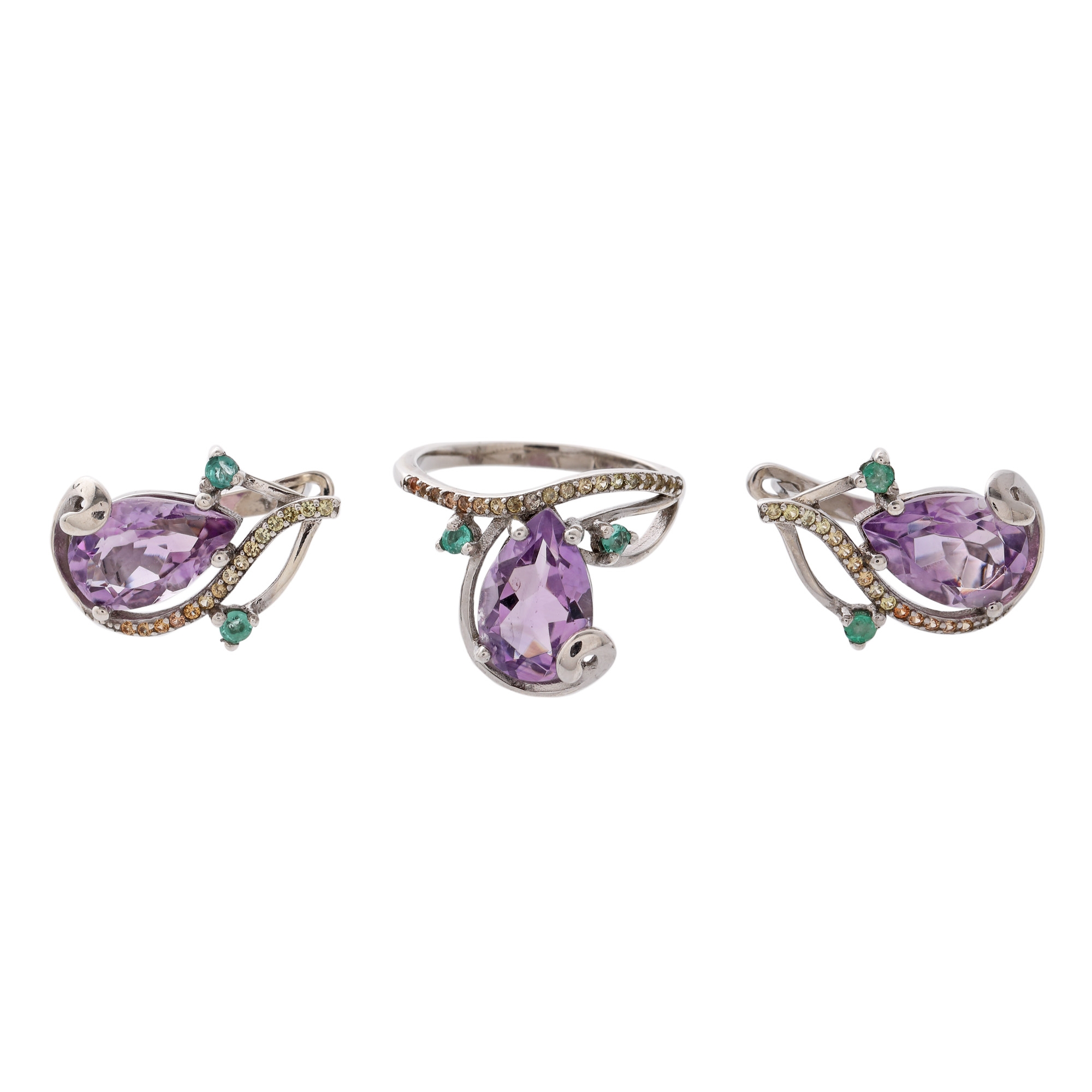 Silver set, consisting of ring and pair of earrings, decorated with amethysts, sapphires and emeralds