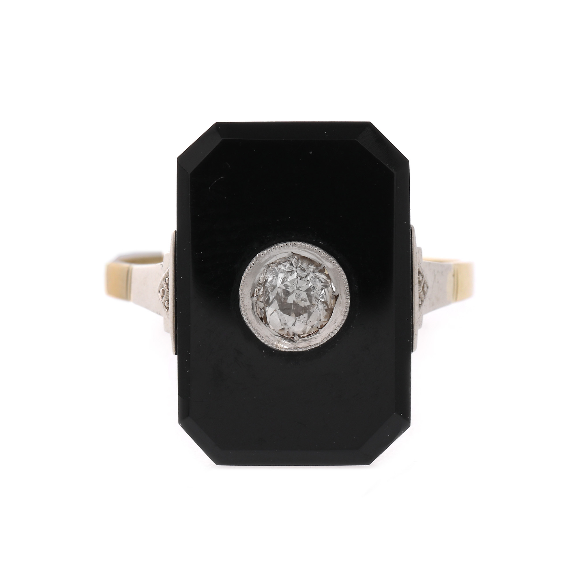 Inel Art Deco din aur bicolor, decorat cu onix și diamant, cca. 1920