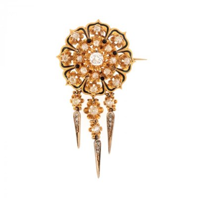 Gold brooch, in the shape of a flower, decorated with enamel and diamonds, circa 1900
