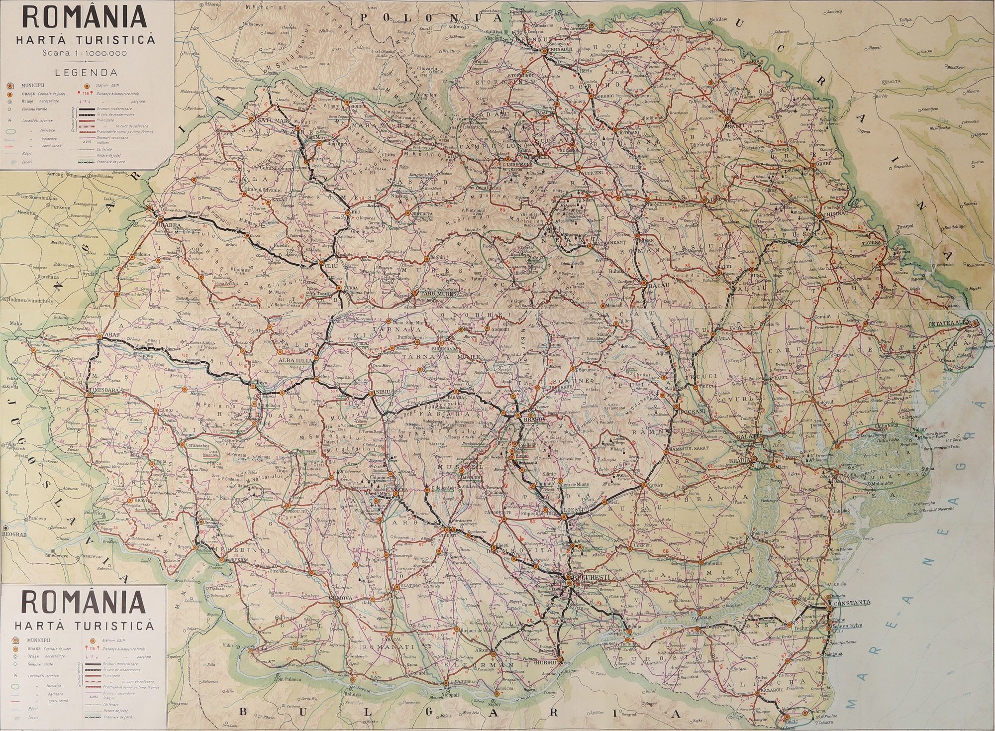 Touristic map of Greater Romania, executed by the "Unirea" Cartographic Institute, Brașov, 1930s