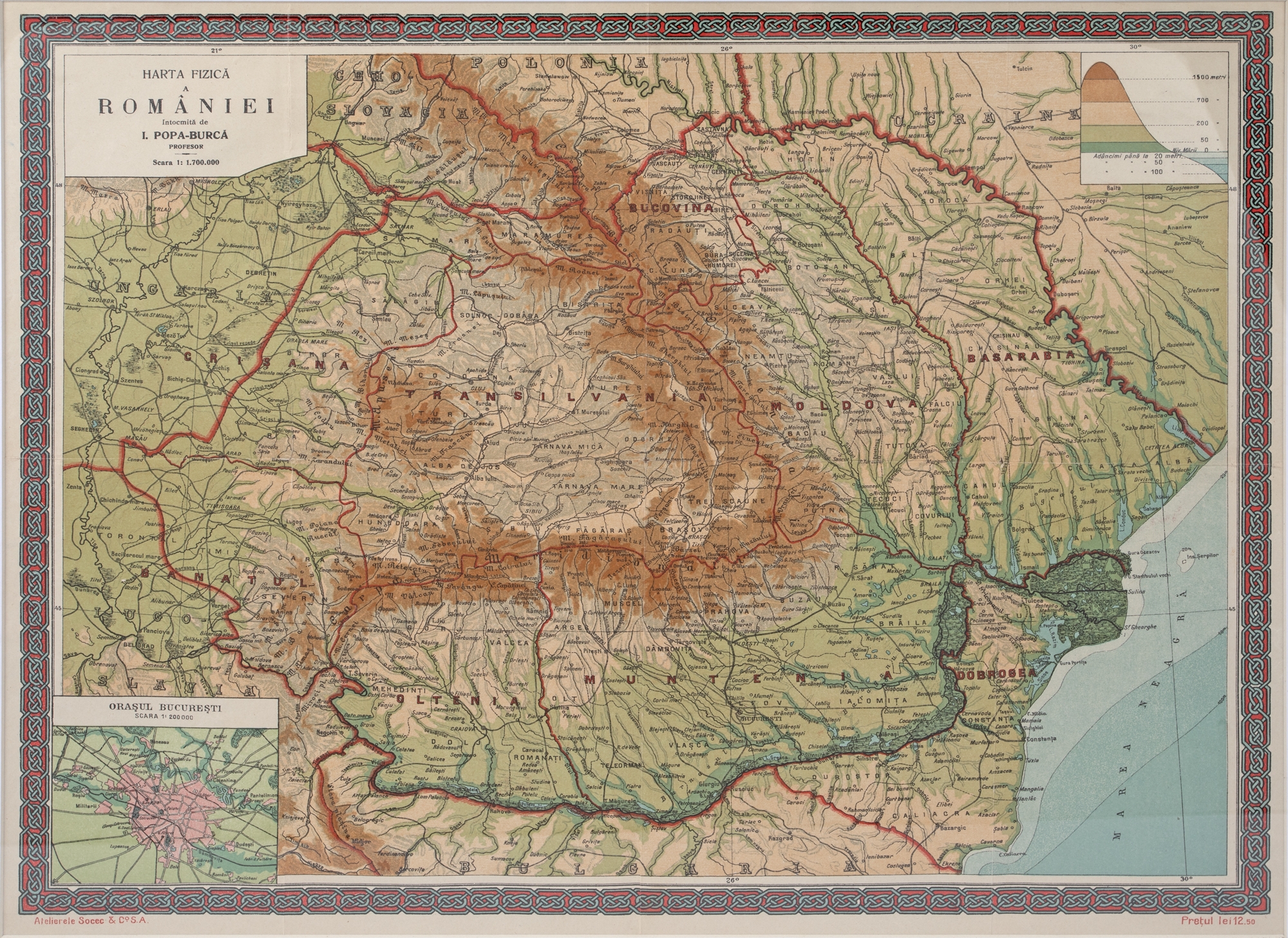 ”Harta fizică a României”, de I. Popa Burcă, cca. 1914, editura librăriei Socec