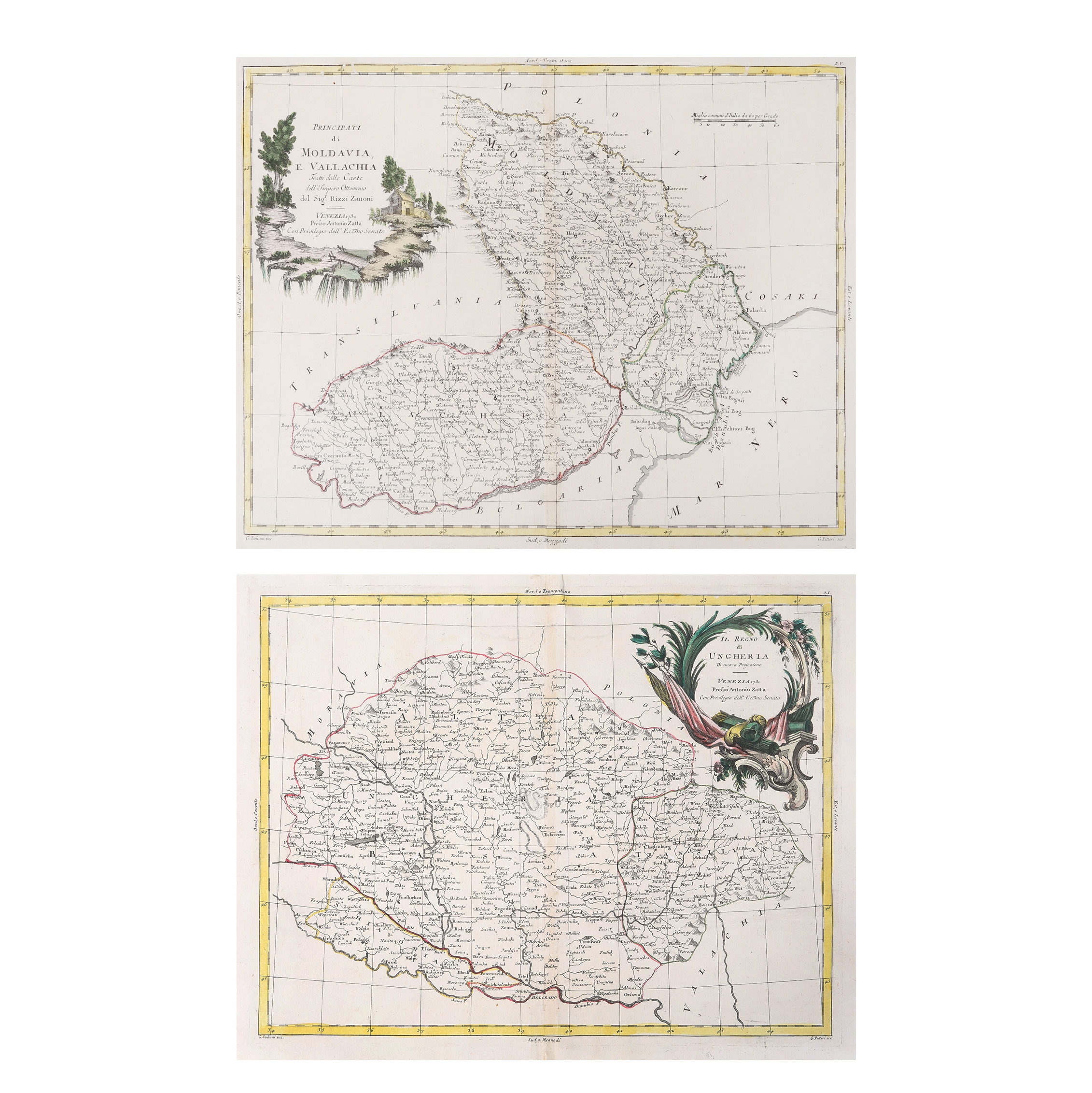 Lot format din două hărți, "Moldova și Valahia", și "Regatul Ungariei", de Antonio Zatta, 1781-1782