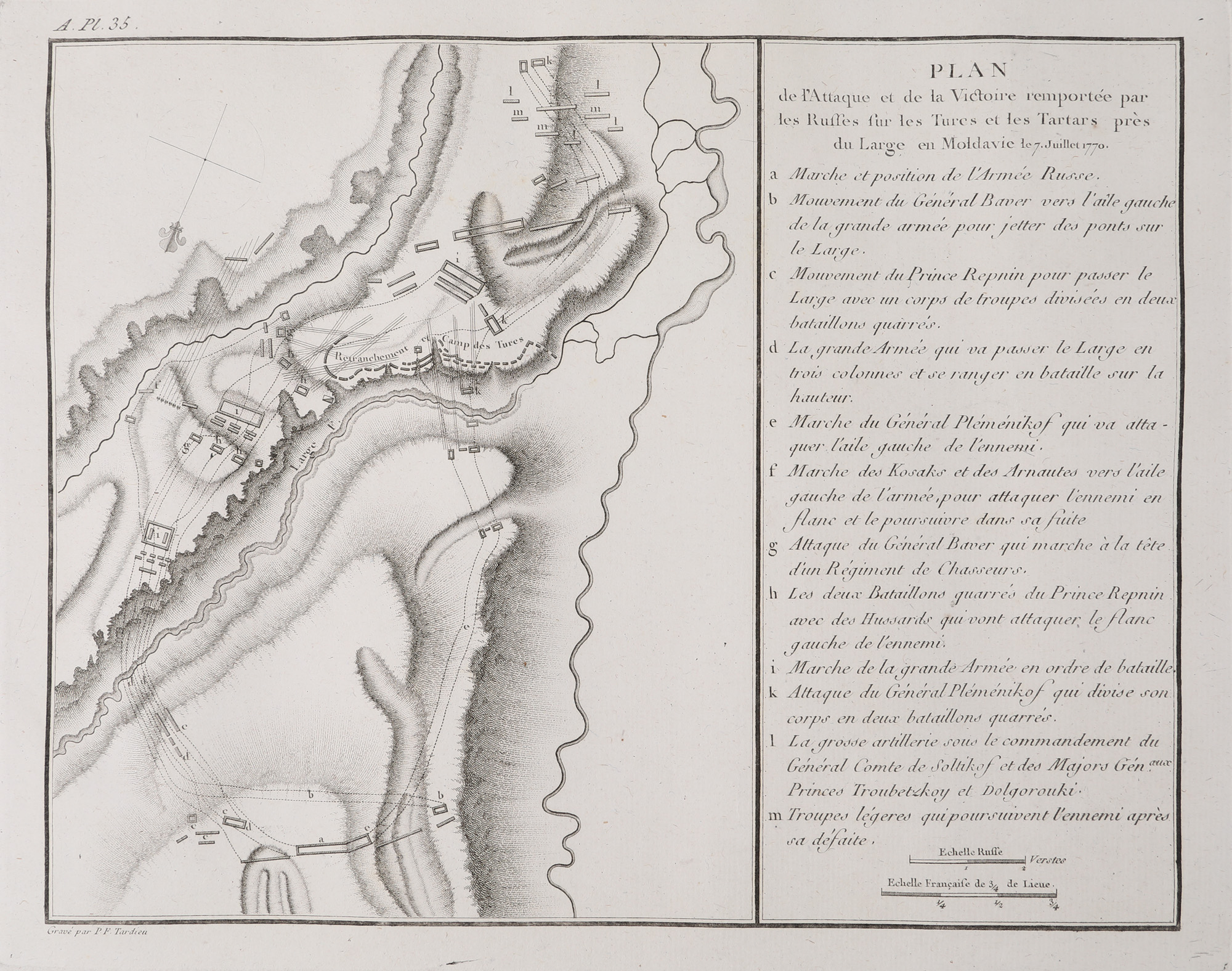 "Planul atacului și al victoriei obținute de armata rusă împotriva turcilor și tătarilor lângă Larga, în Moldova, la 7 iulie 1770" ("Plan of the Attack and Victory of the Russian Army against the Turks and Tatars near Larga, Moldavia, on the 7th of July 1770") map by Pierre François Tardieu