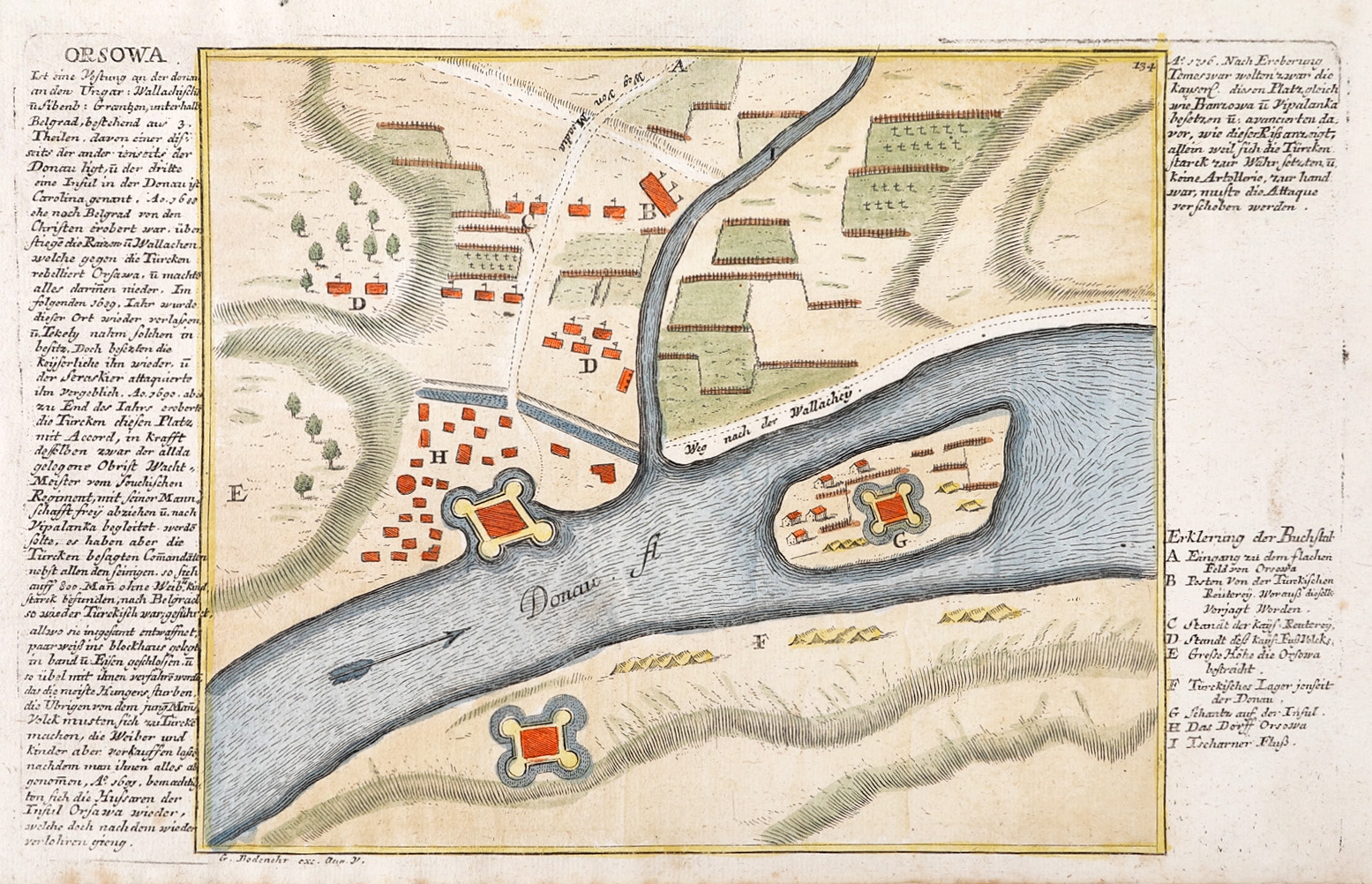 Vedută "Orșova", ilustrând și insula Ada Kaleh, de Gabriel Bodenehr, cca. 1720