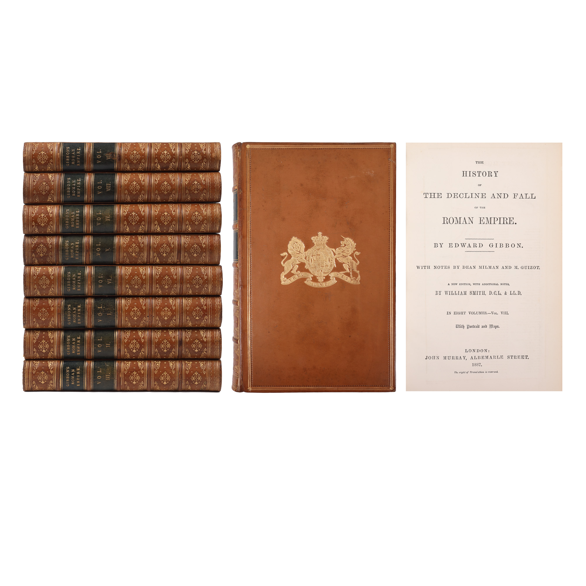 ”Istoria declinului și prăbușirii Imperiului Roman”, de Edward Gibbon, opt volume, Londra, 1887