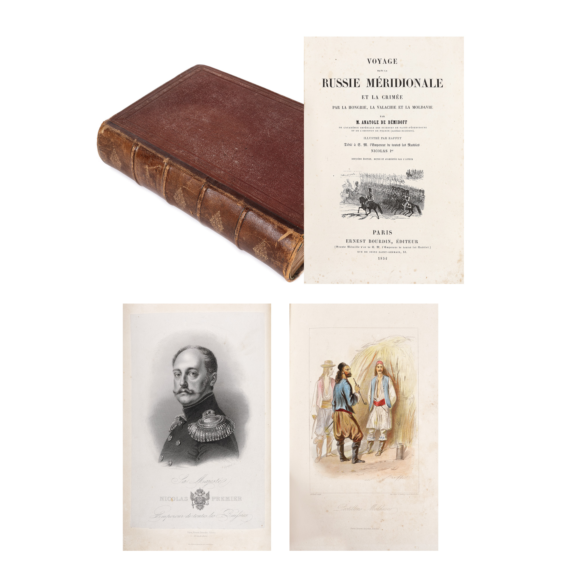 ”Călătorie în sudul Rusiei și Crimeea, în Ungaria, Valahia și Moldova”, de Anatole Demidoff, prinț de San Donato, franceză, Paris, 1854, operă dedicată Împăratului Nicolae I al Rusiei, cu 27 gravuri de Auguste Raffet, piesă rară
