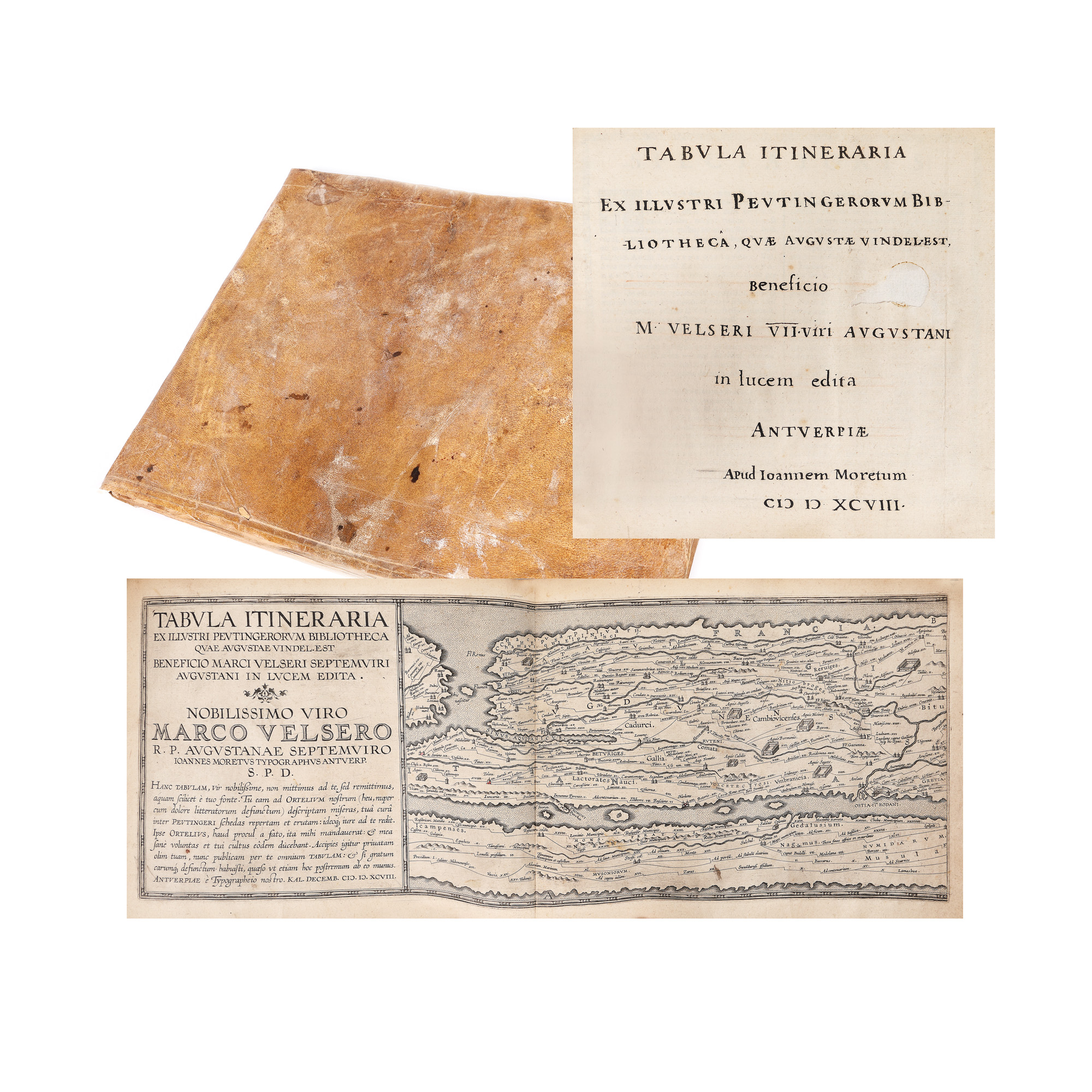 "Tabula Peutingeriana" or "Harta drumurilor romane din sec. I î.e.n" ("The Map of Roman Roads from the 1st Century B.C."), Latin language, first edition published by Abraham Ortelius, Antwerp, 1598, extremely rare collection item.